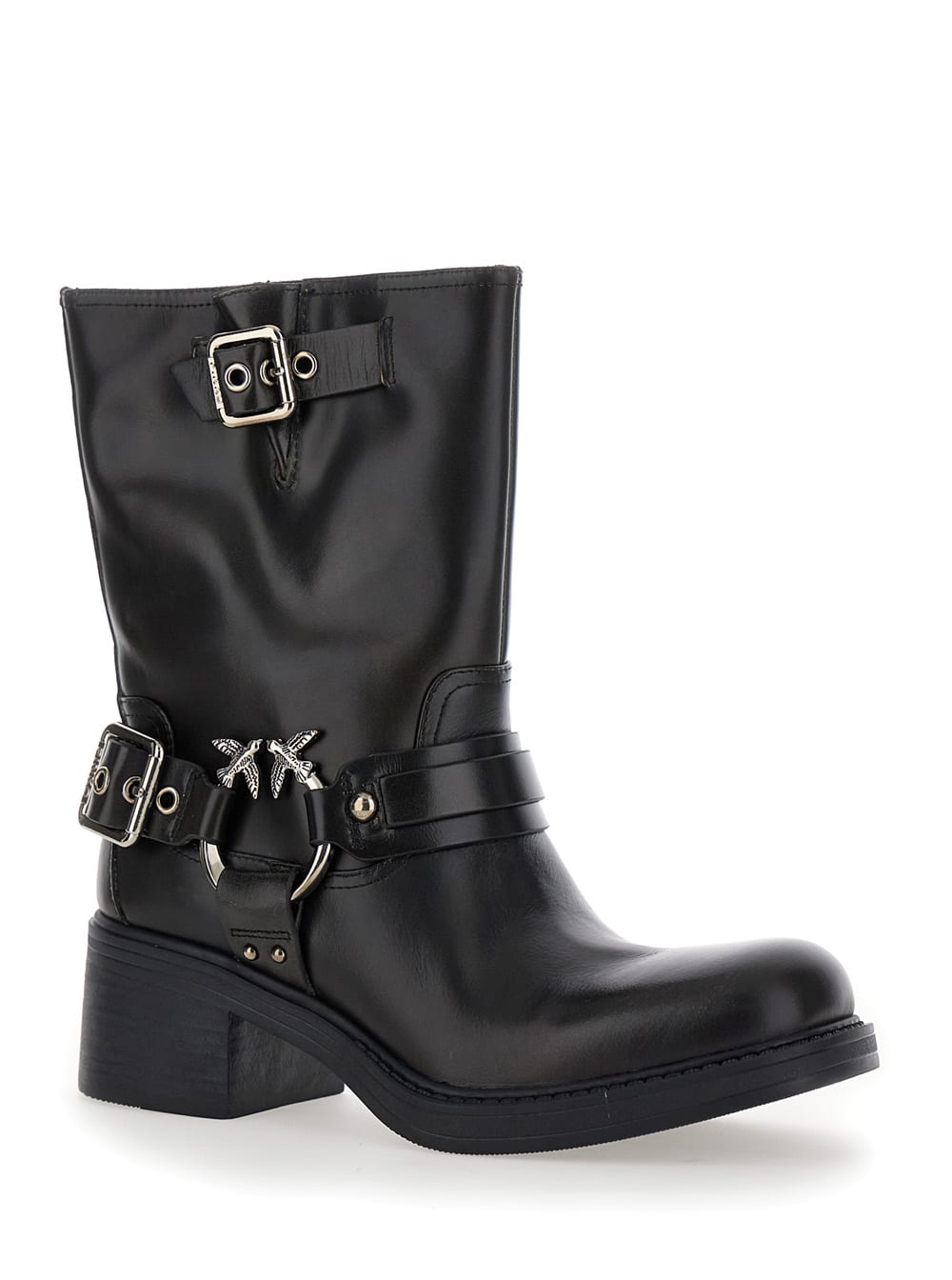 Shop Pinko Alys 02 Black Ankle Boots With Love Birds Diamond Cut Logo Plaque On The Side In Leather Woman