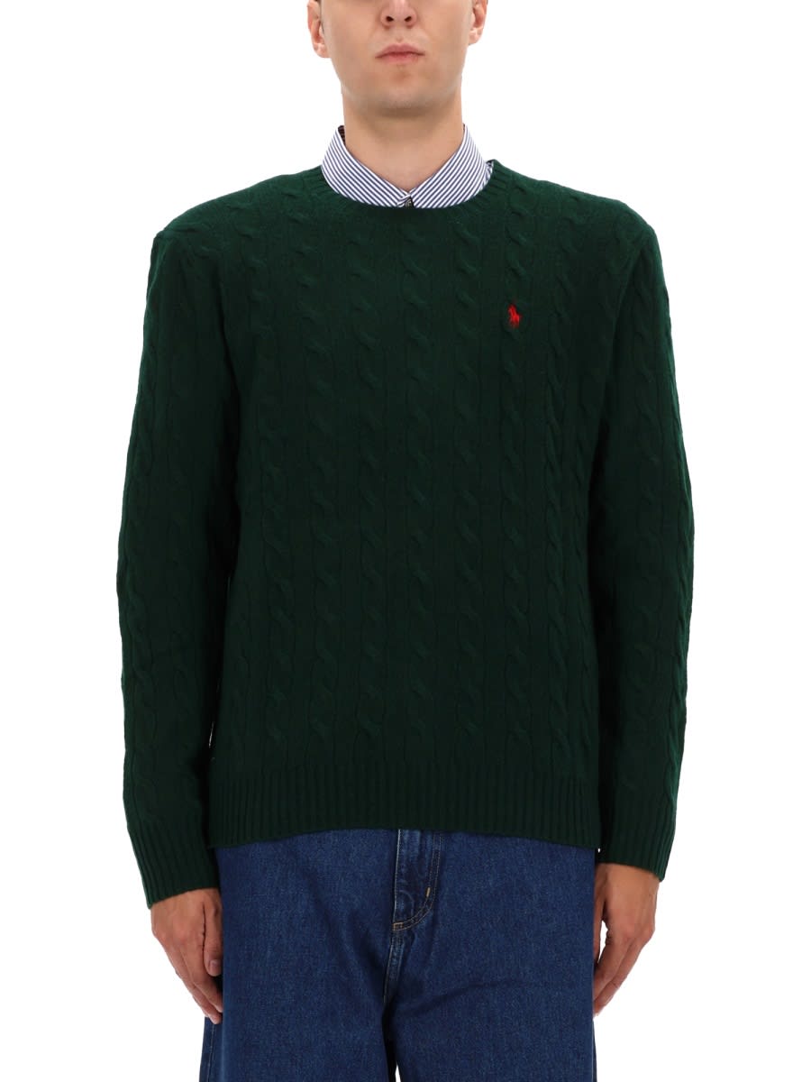 Polo Ralph Lauren Green Cable Knit Crewneck Sweater With Pony Embroidery On The Front In Wool And Cashmere Man
