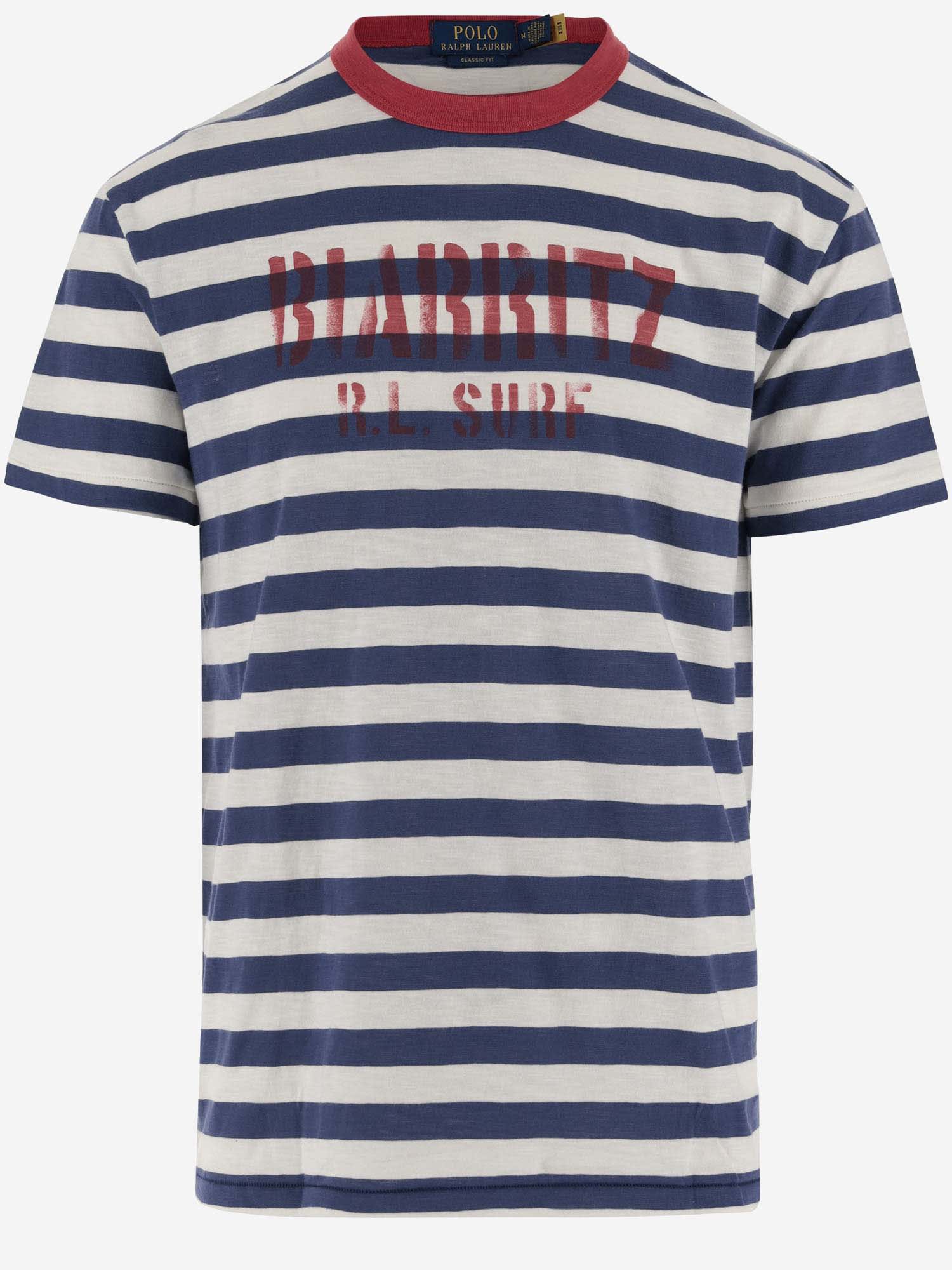 RALPH LAUREN COTTON T-SHIRT WITH STRIPED PATTERN AND LOGO