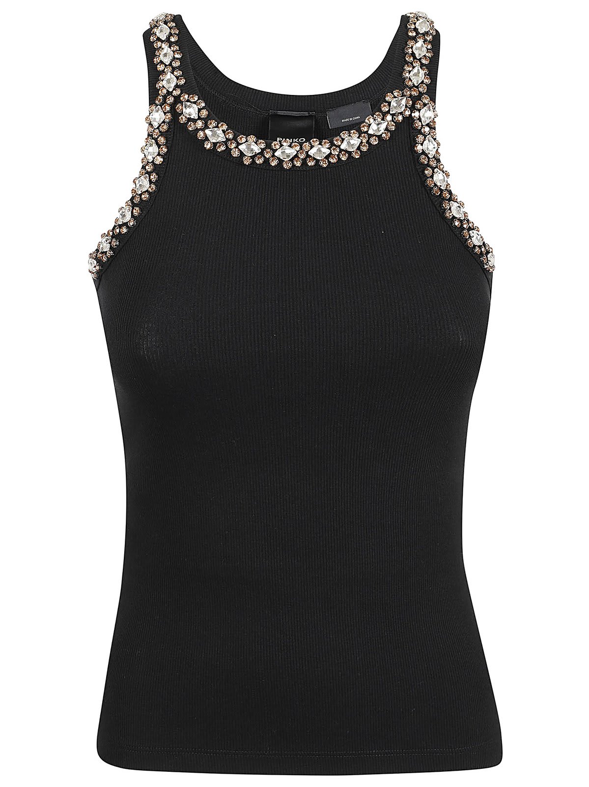 Shop Pinko Crystal-embellished Ribbed Tank Top In Nero Limousine