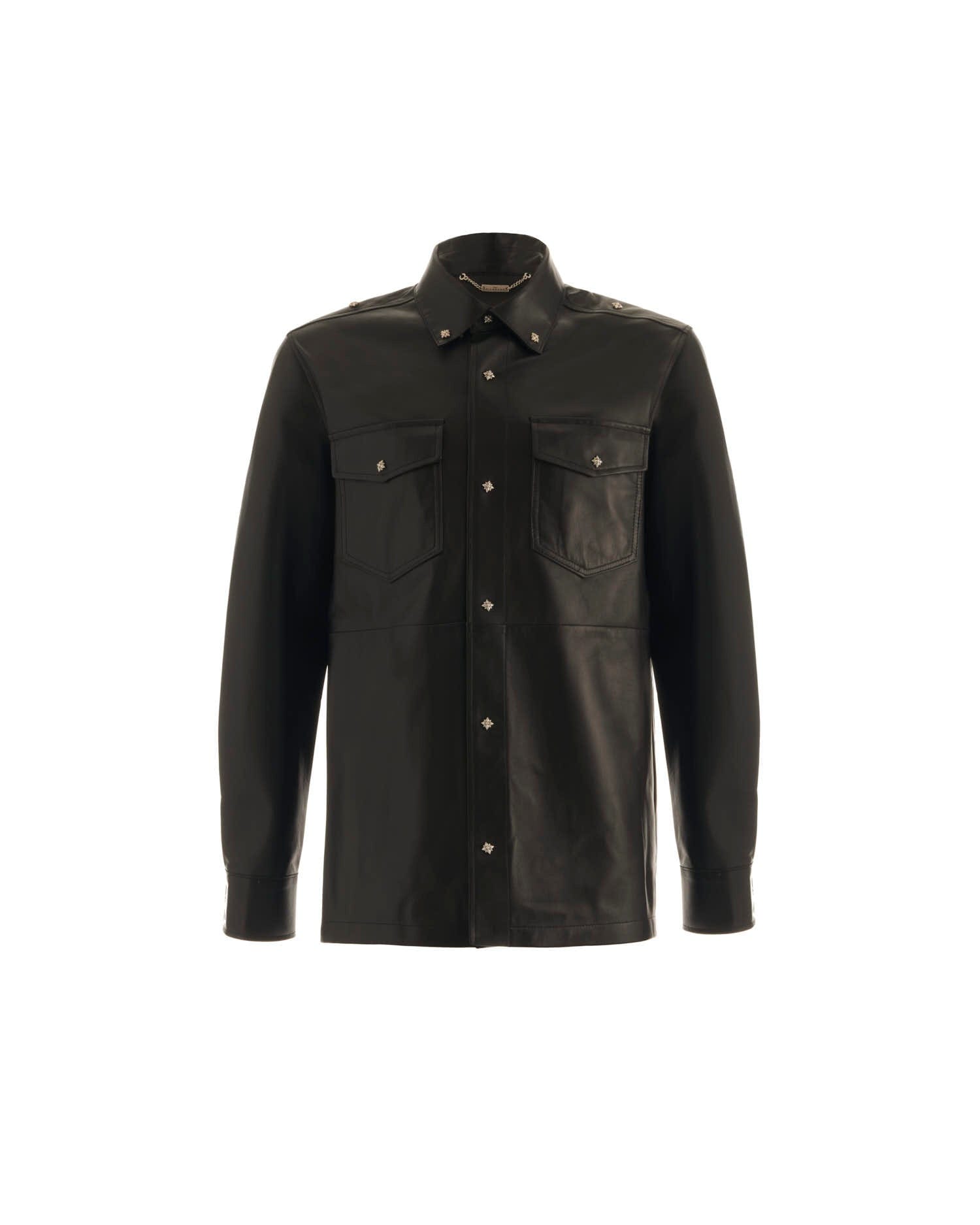 Shop John Richmond Leather Shirt With Pockets In Nero