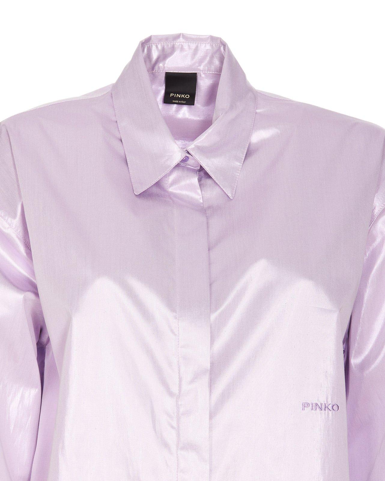 Shop Pinko Long Sleeved Logo Embroidered Metallic Shirt In Purple