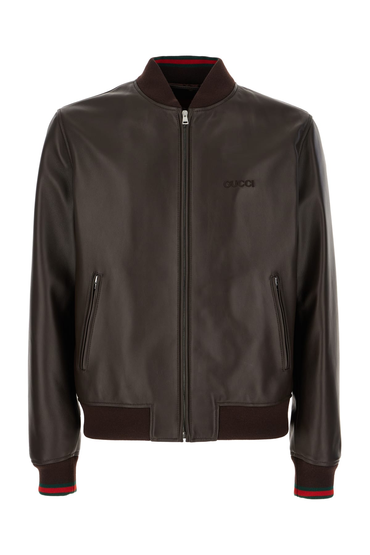 Gucci Men Dark Brown Leather Bomber Jacket