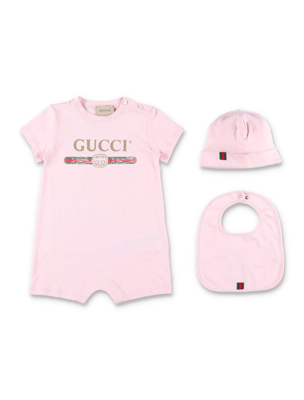 Gucci Logo Printed Crewneck Babygrow Set In Palepinksand Green Red
