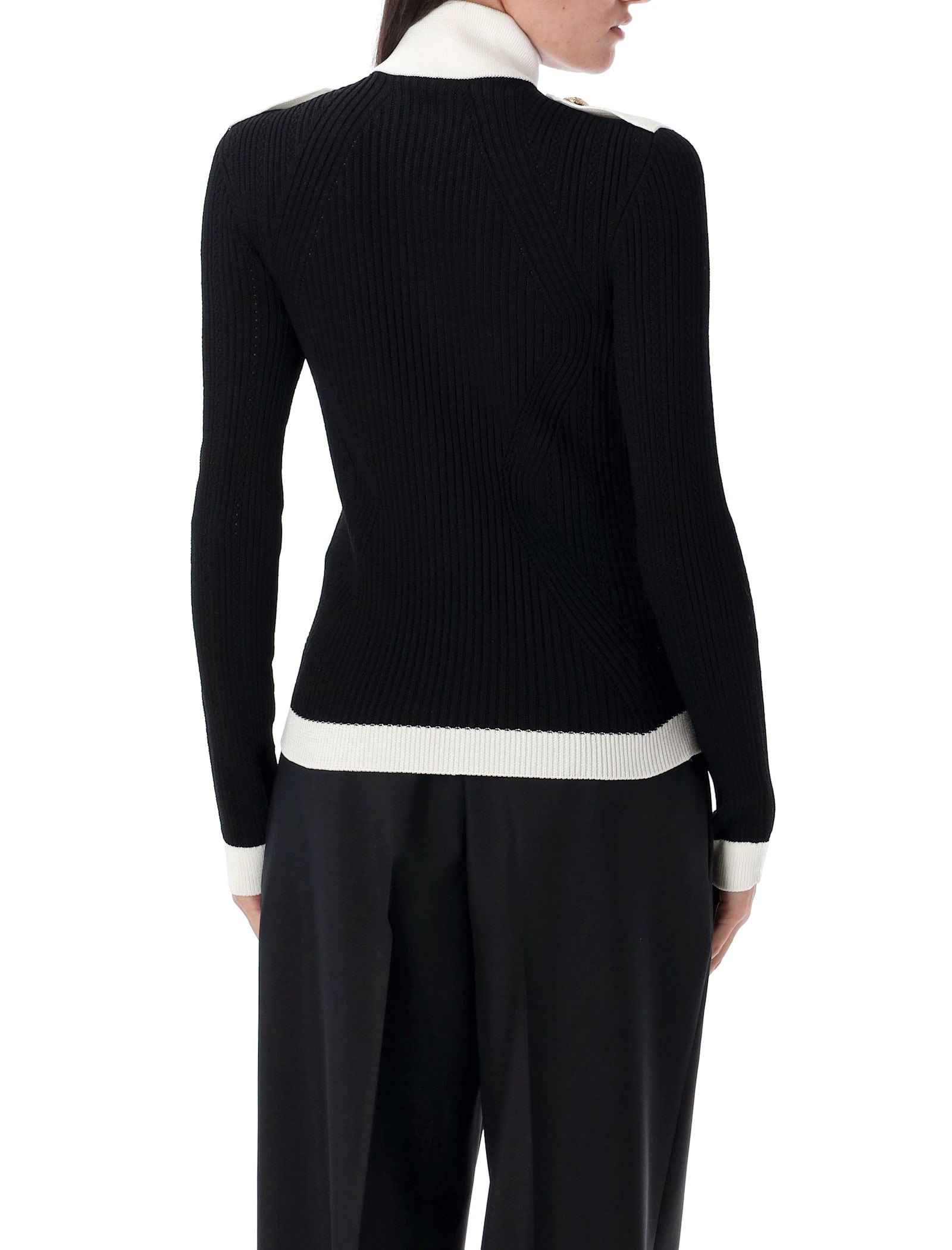 Balmain Zipped Turtleneck Knit Cardigan In Black