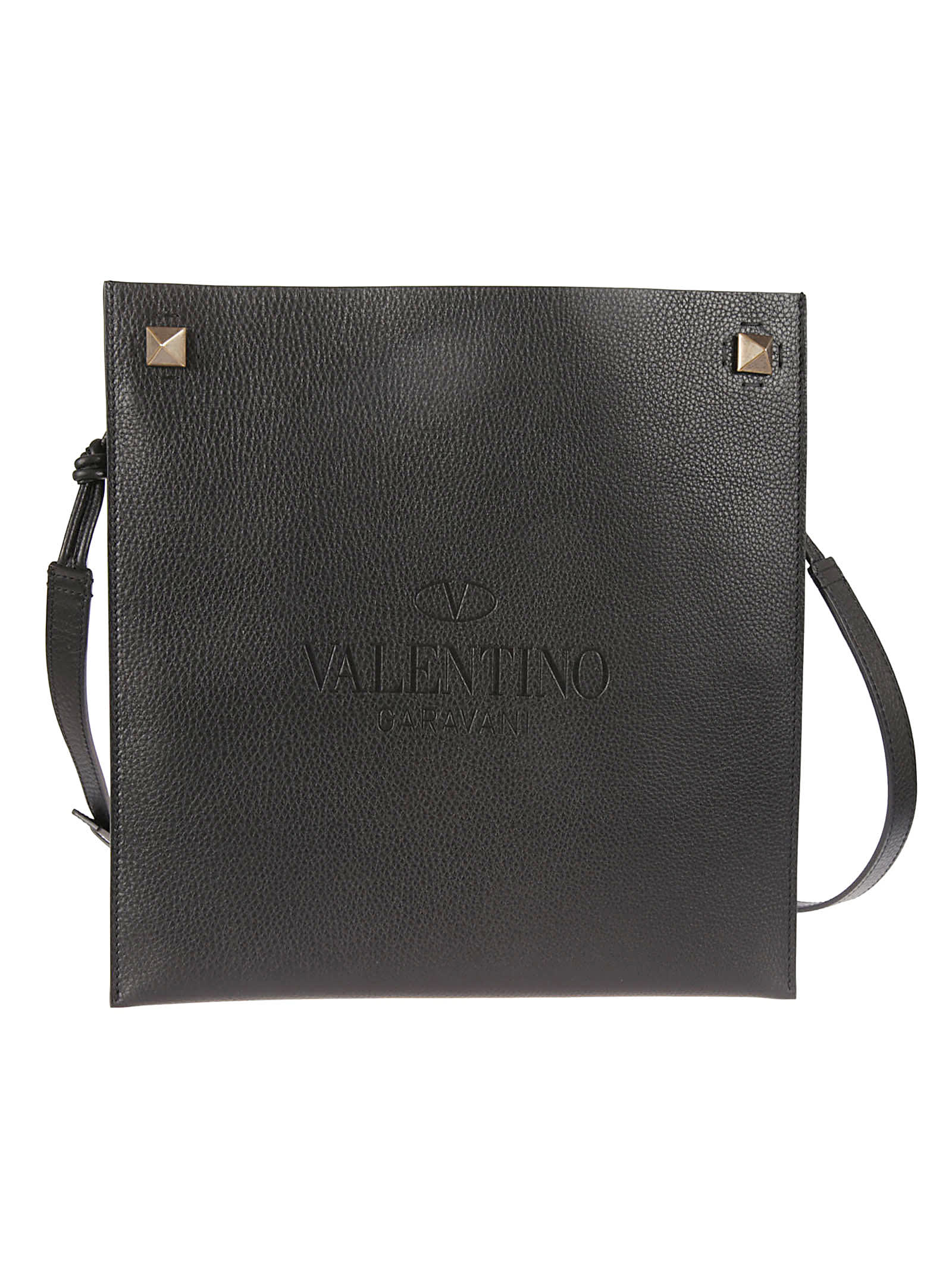 Valentino Garavani Engraved Logo Flat Shoulder Bag In Black