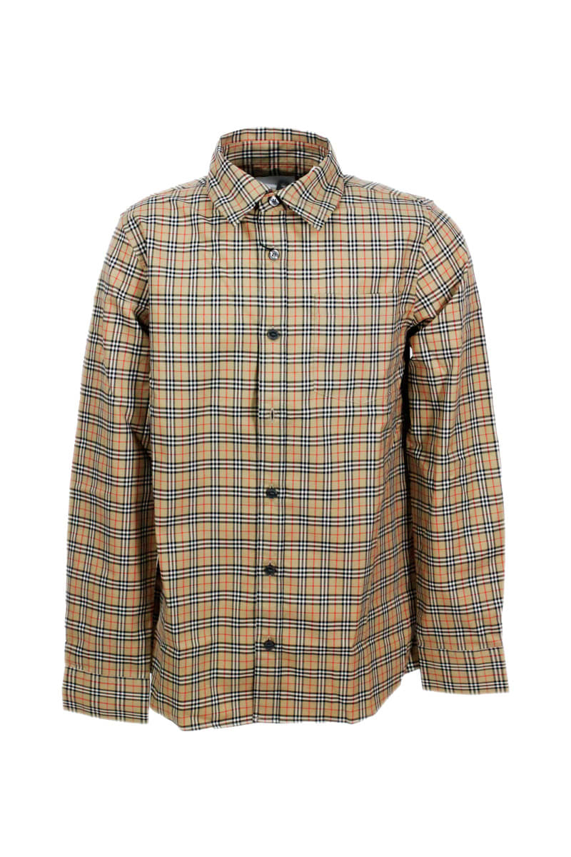 Shop Burberry Long-sleeved Shirt In Stretch Cotton With Micro Tartan Motif In Beige