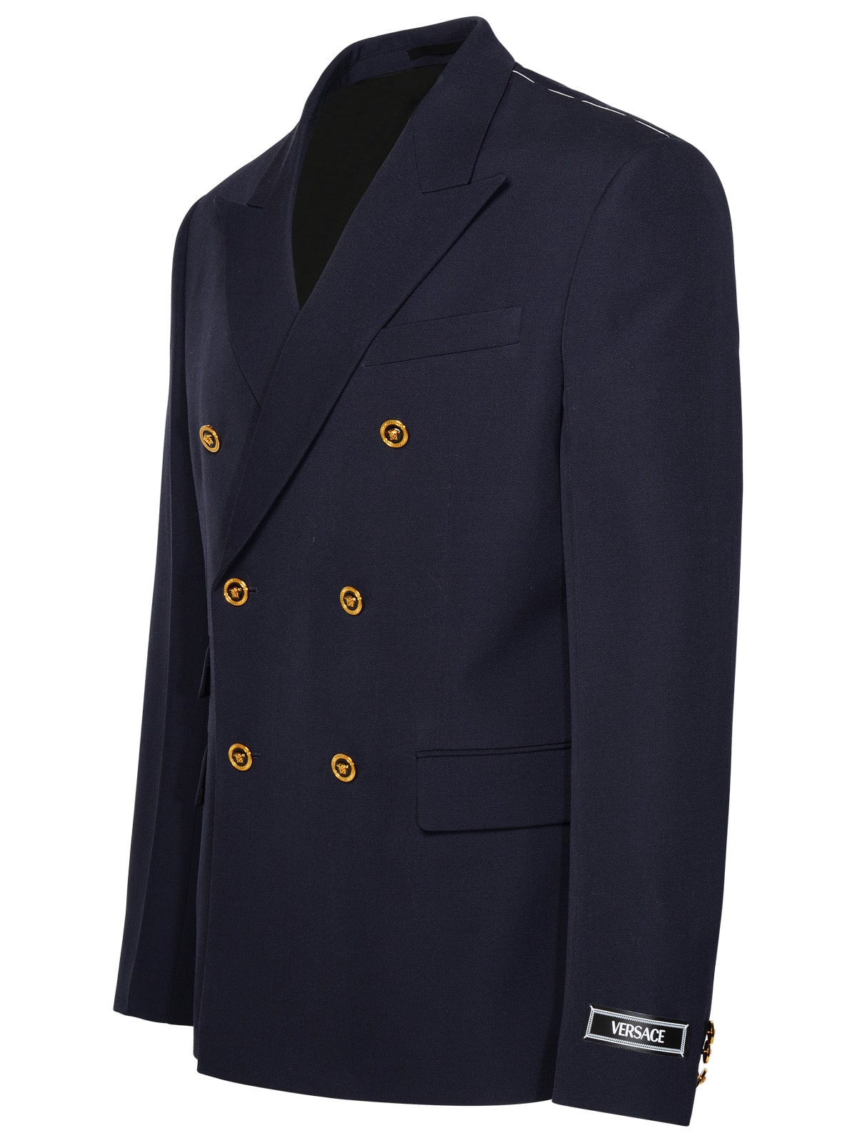 Shop Versace Double-breasted Fitted Blazer In Blue
