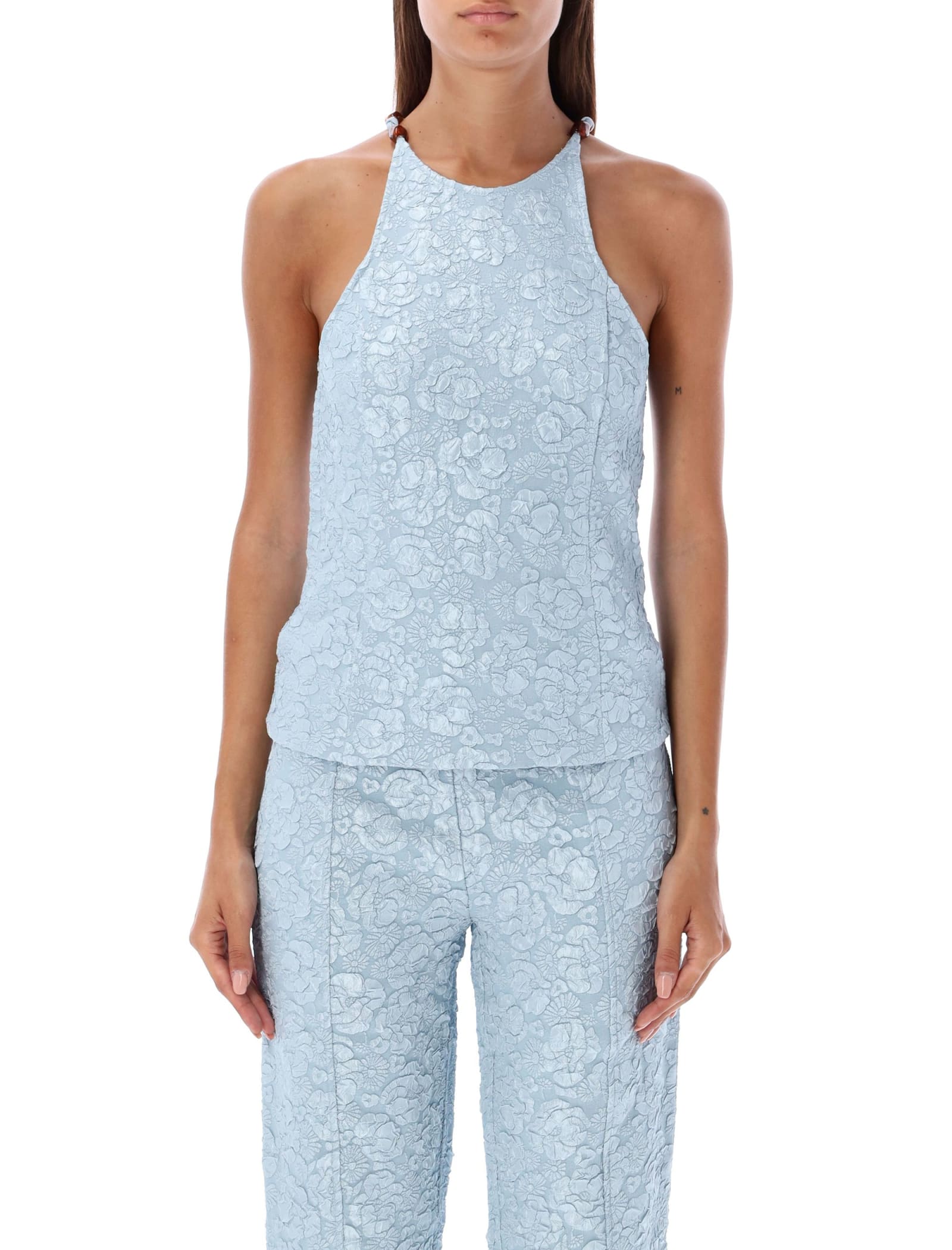 Ganni Sleeveless Stretch Jacquard Top In Sky Blue