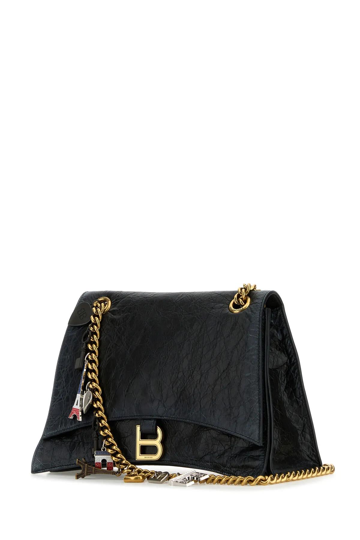 Balenciaga Black Leather Medium Crush Chain Shoulder Bag In Black