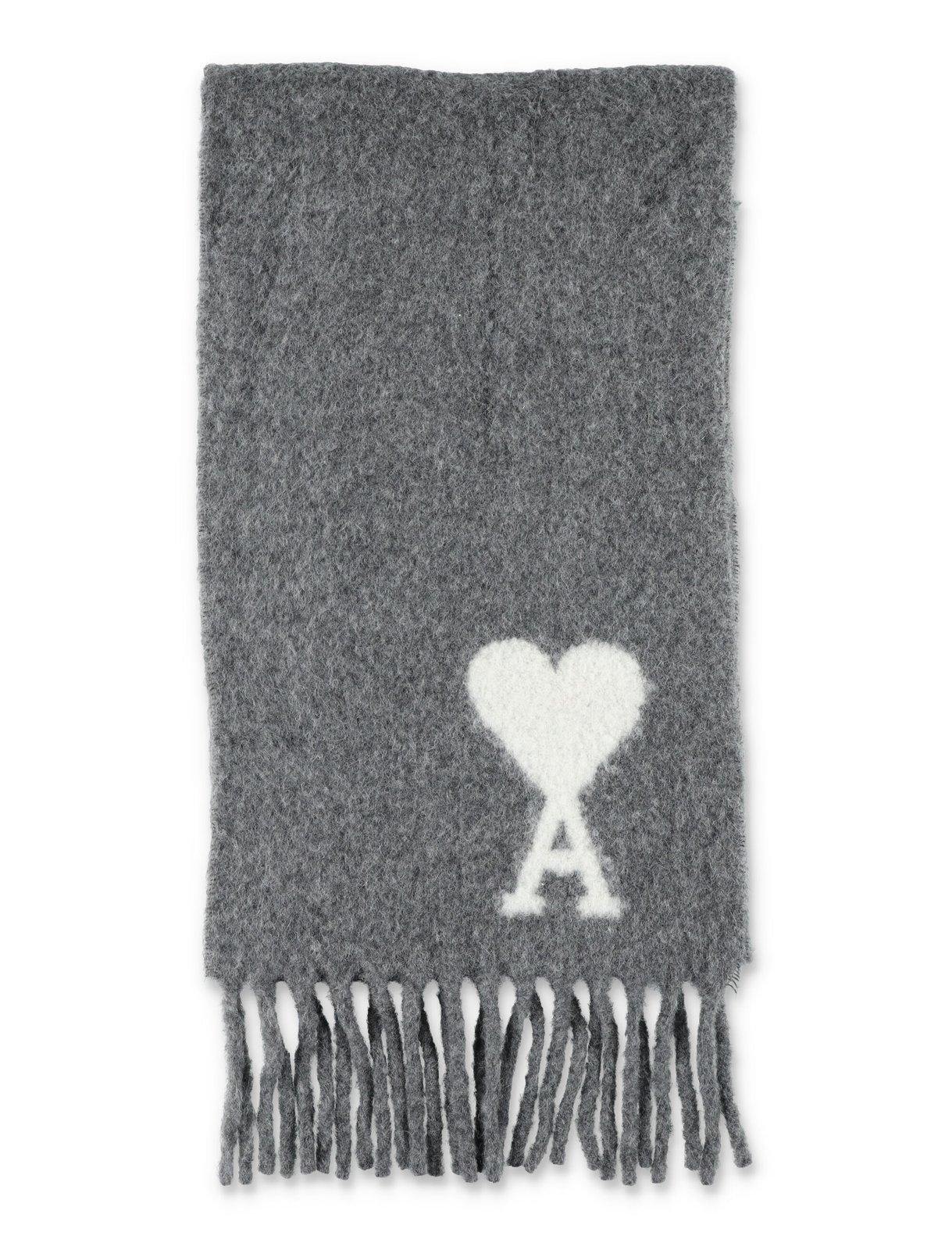 Shop Ami Alexandre Mattiussi Paris Logo Detailed Fringed Scarf In Gris Fonce