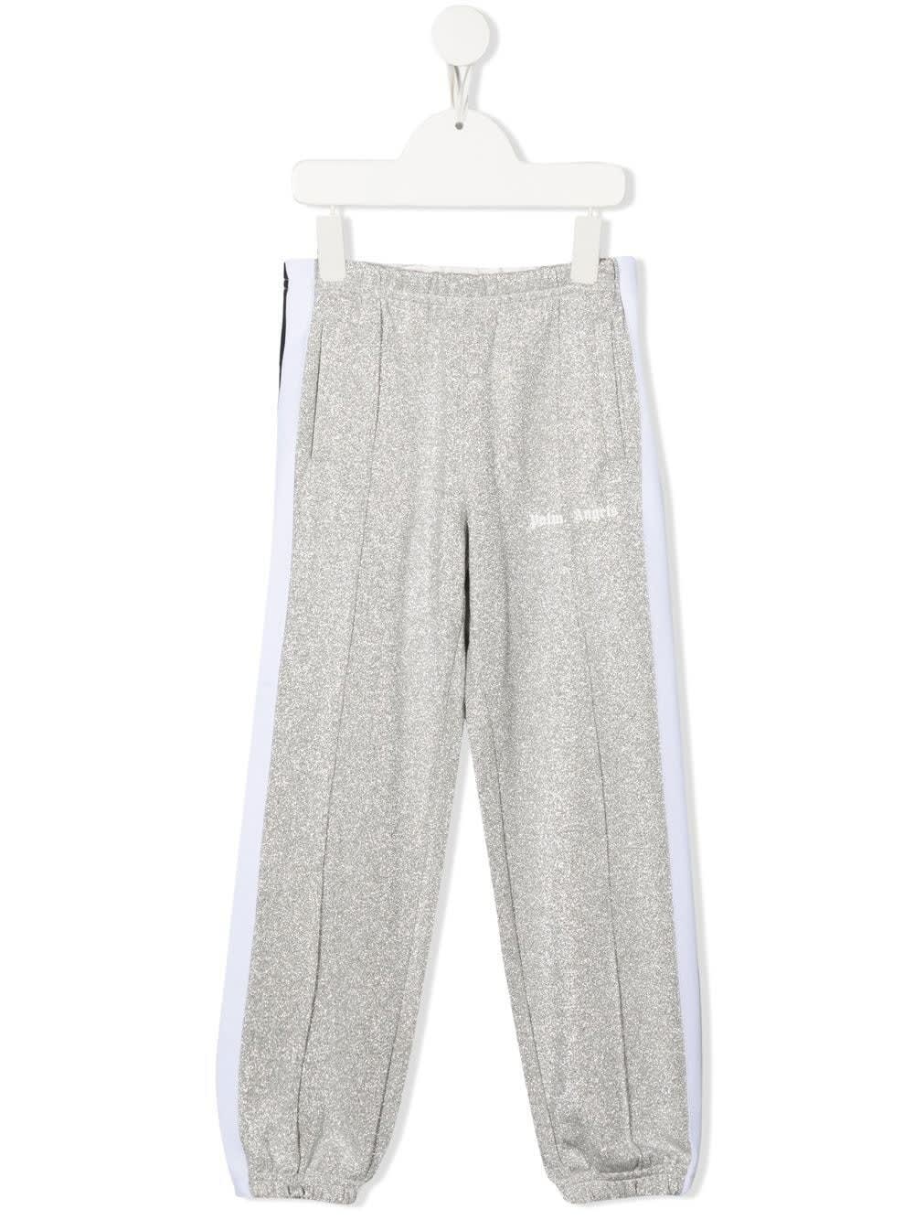 Palm Angels Kids Silver Glitter Joggers With Contrast Logo And Stripes