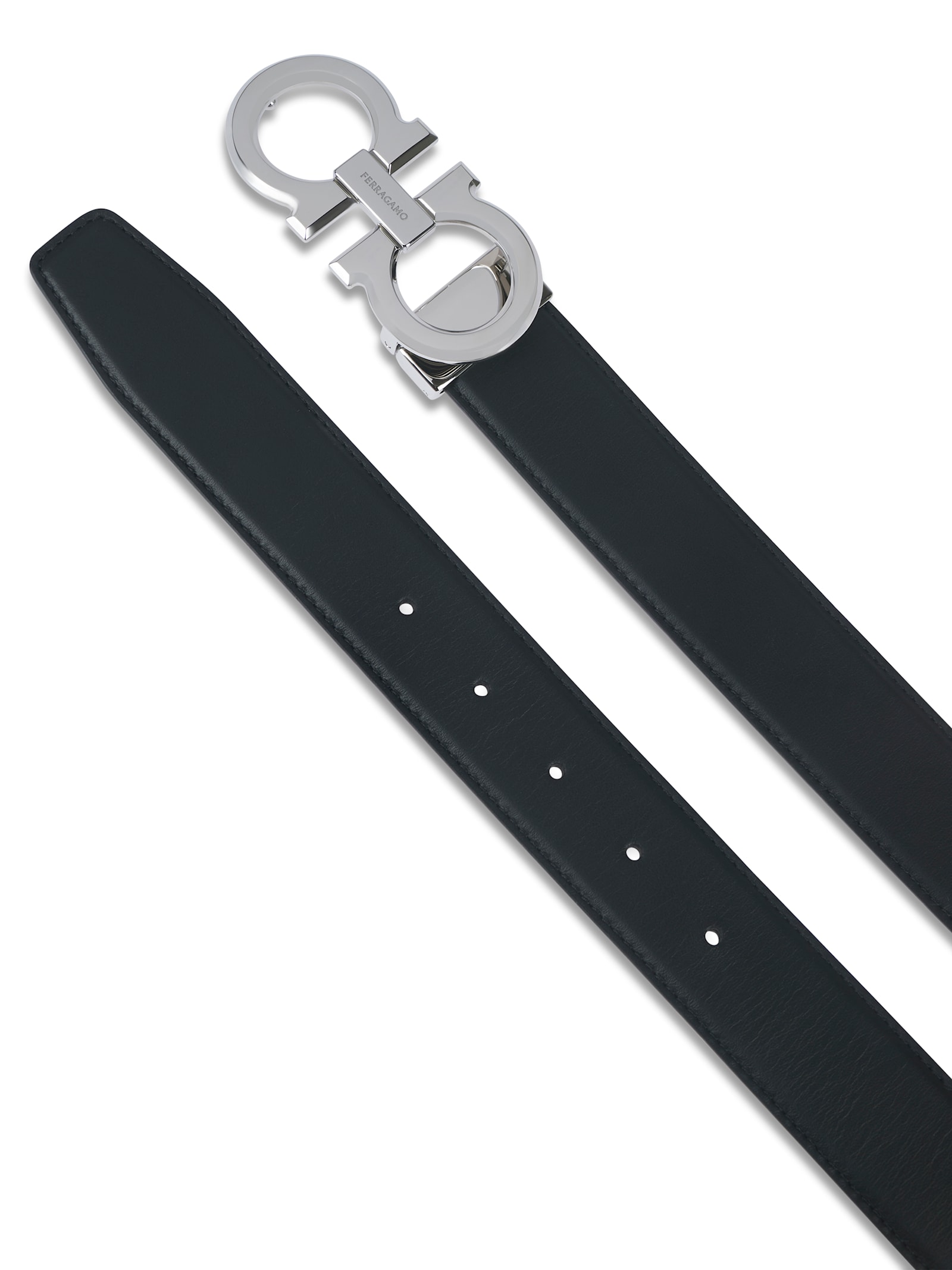 Ferragamo Polished Double Gancini Buckle Belt In Calf Leather In Black