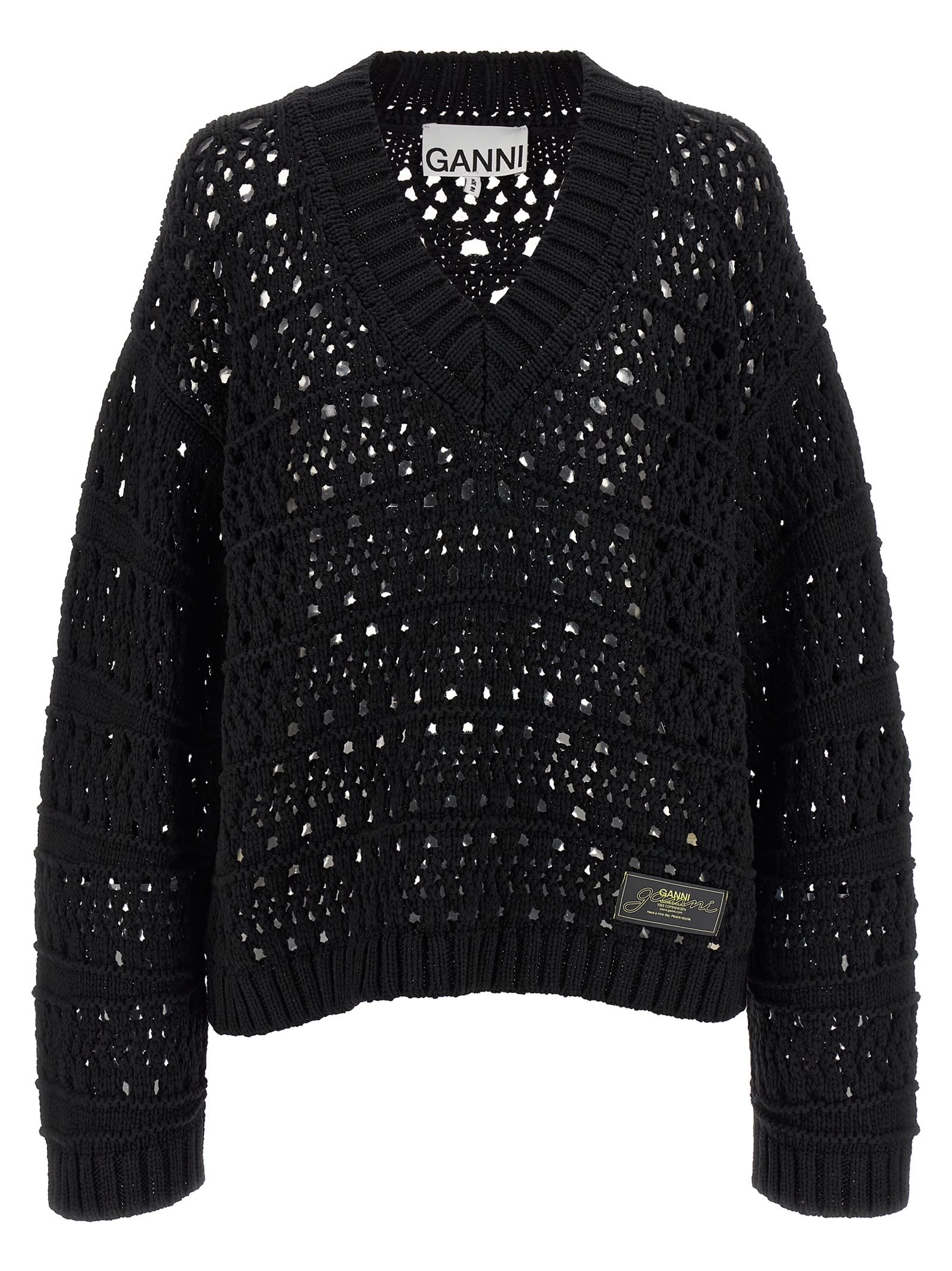 Ganni black Crochet V-neck Sweater