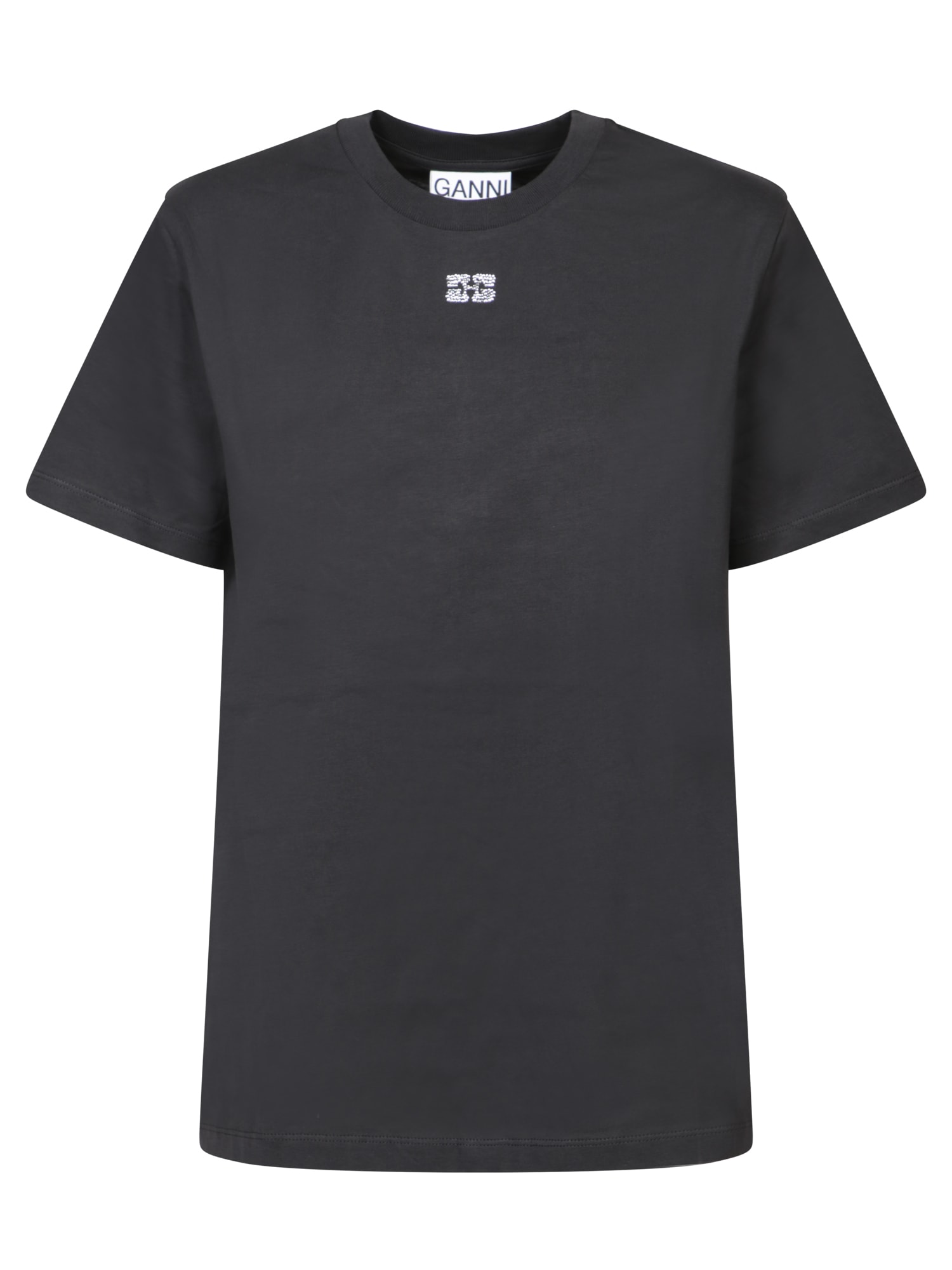 GANNI GREY JERSEY T-SHIRT WITH RHINESTONE LOGO 