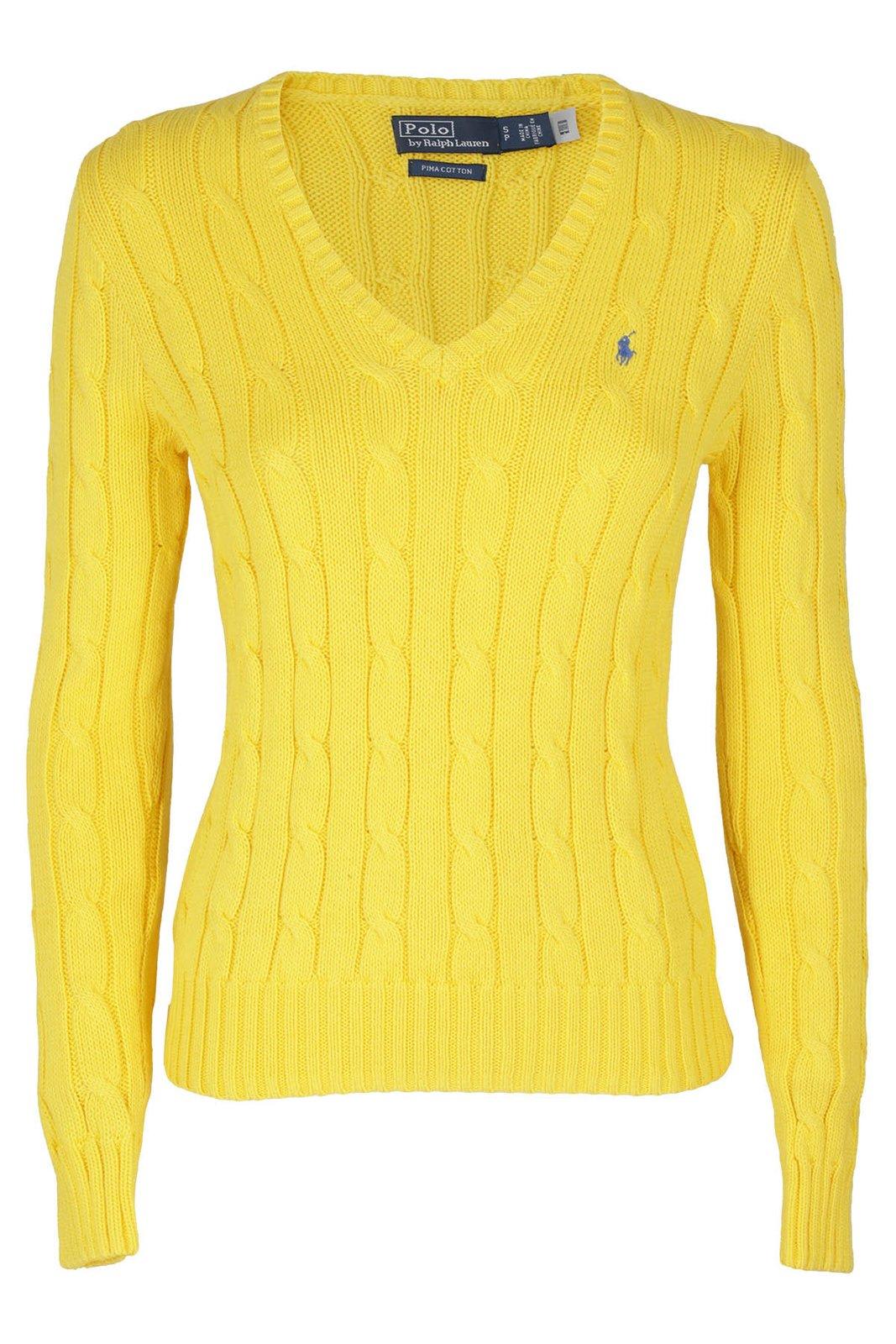 Shop Ralph Lauren Kimberly Cable-knitted V-neck Jumper In Yellow