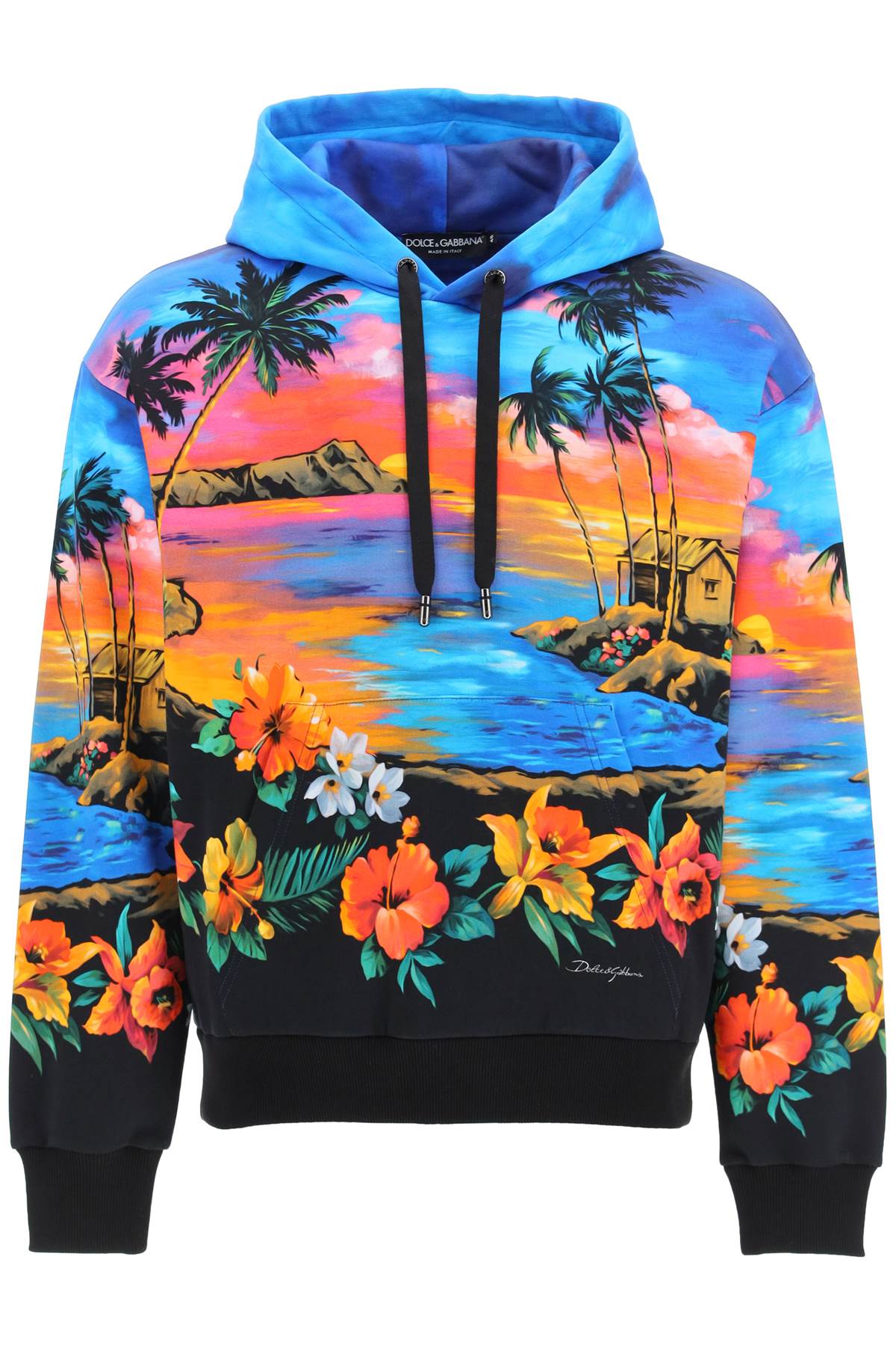Dolce & Gabbana Multicolor Print Hooded Windbreaker Jacket In Blue