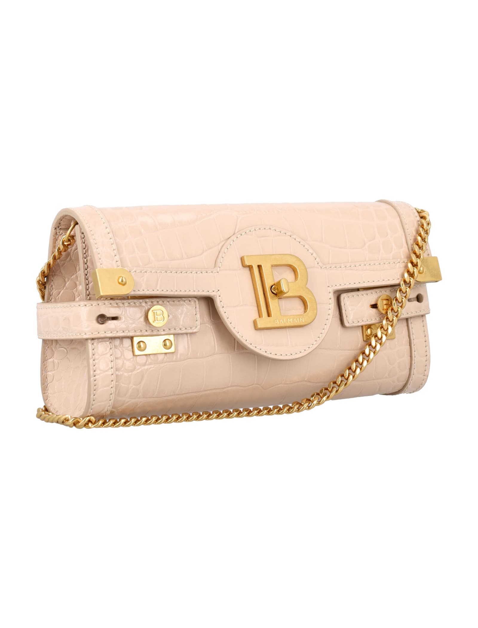 Shop Balmain B-buzz 23 Croc-embossed Leather Clutch In Nude