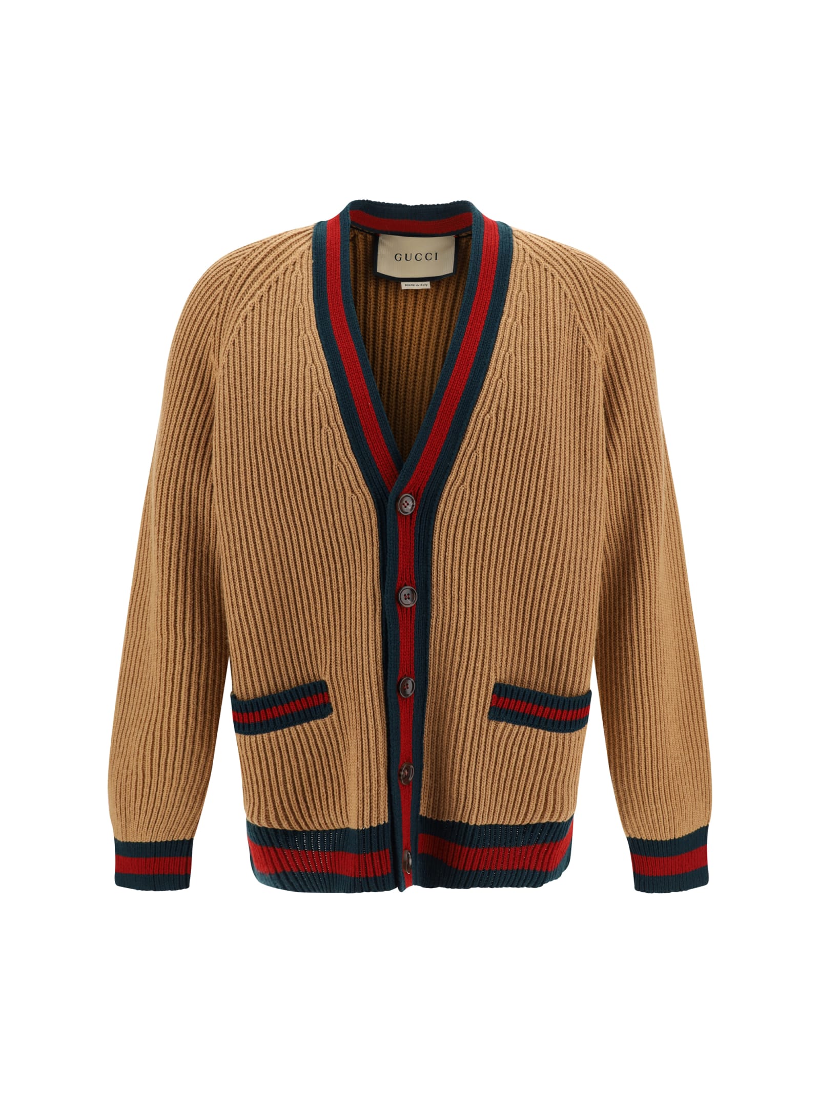 Shop Gucci Cardigan In Camel/green/red