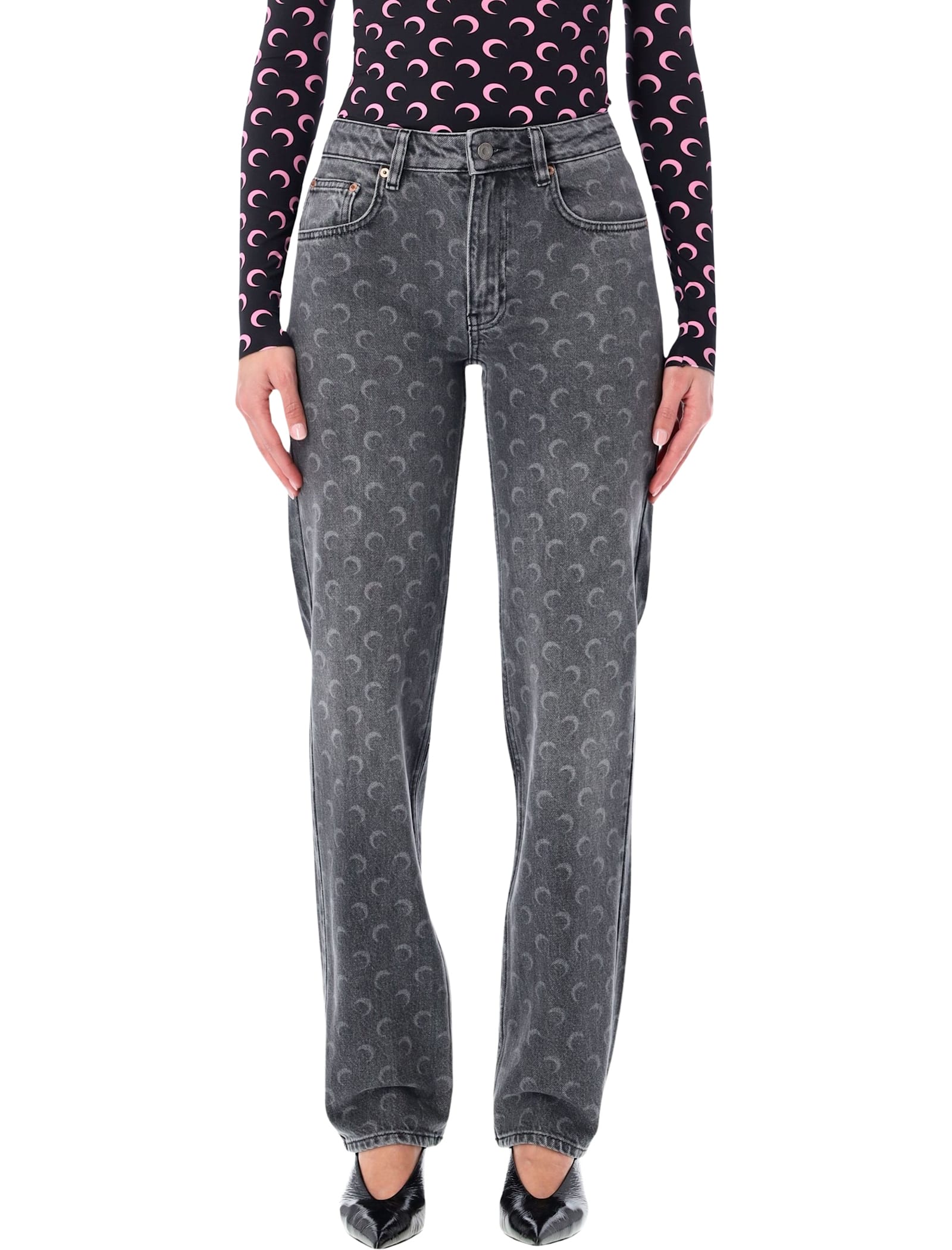 Marine Serre Moon Laser Grey Wash Straight Denim Jeans In Gray