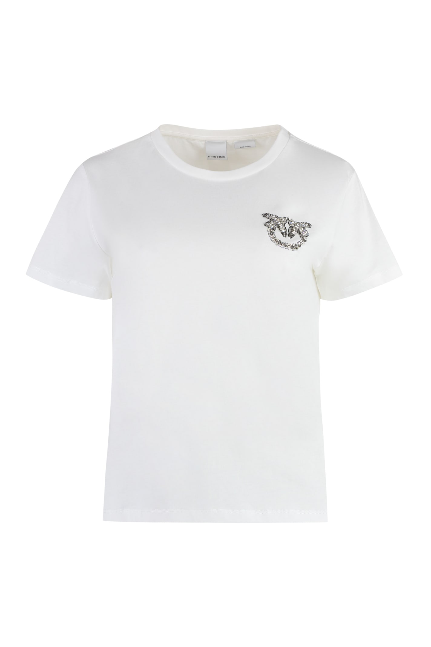 Shop Pinko Nambrone Decorative Inserts Crew-neck T-shirt In Bianco Nembo