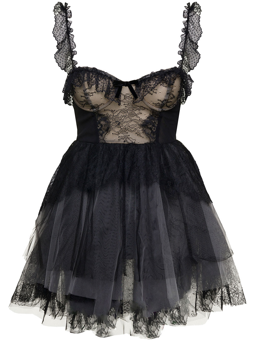 Shop Philosophy Di Lorenzo Serafini Mini Black Flounced Dress With Bow Detail In Lace And Tulle Woman