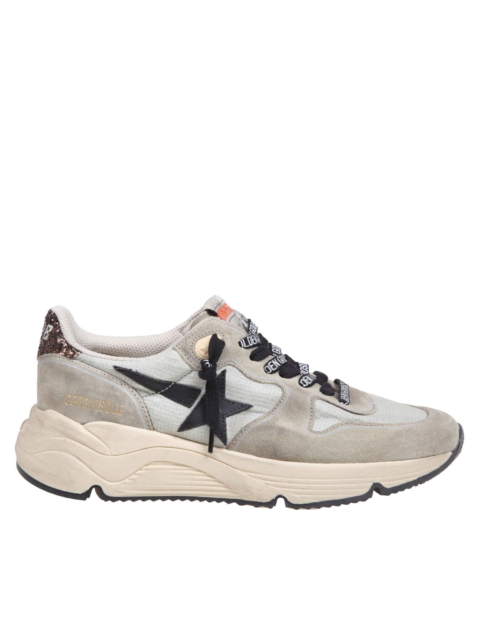 Shop Golden Goose Running Sneakers In Nylon And Suede With Brown Glitter In Beige