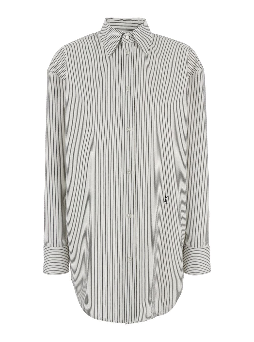 SAINT LAURENT GREY SHIRT WITH CASSANDRE EMBROIDERY AND ALL-OVER STRIPED MOTIF IN COTTON WOMAN