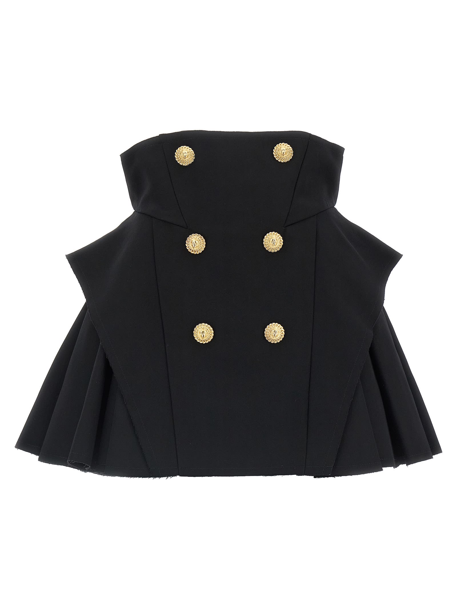 Balmain Button-embellished Pleated Grain De Poudre Wool Mini Skirt In Black