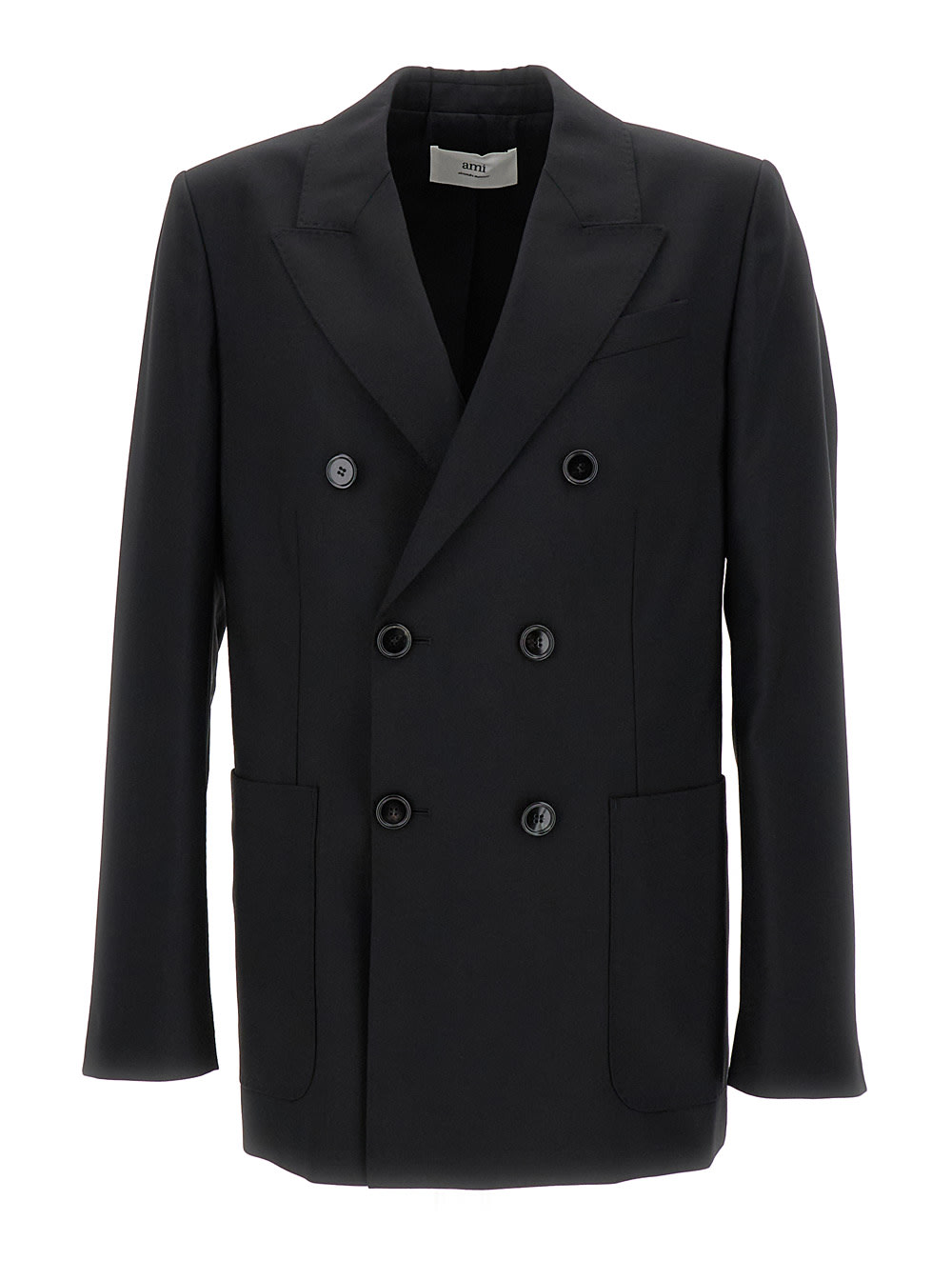 Black Double Breasted Blazer With Buttons In Wool Man