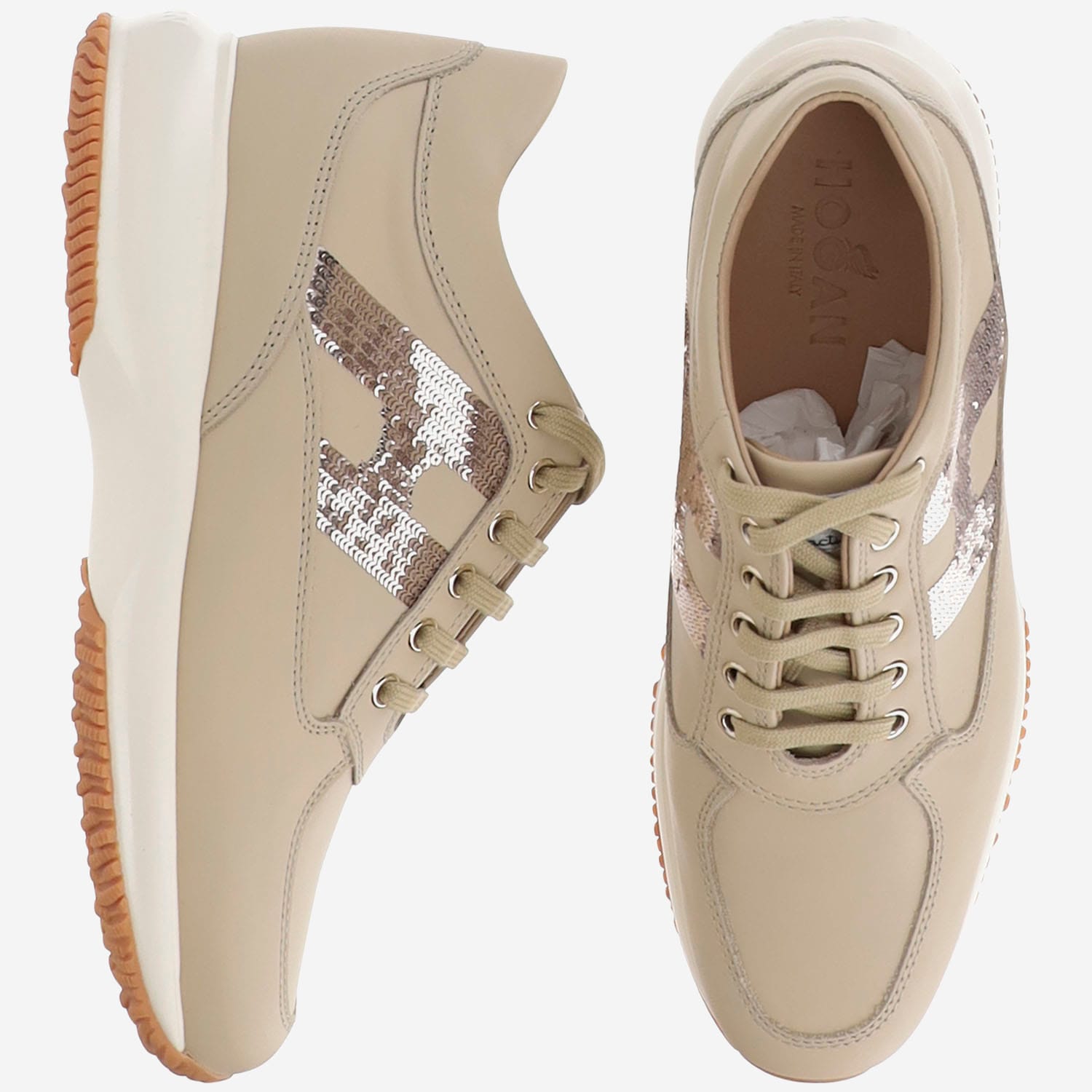 Hogan Woman Sneakers Khaki Size 10 Soft Leather In Neutral