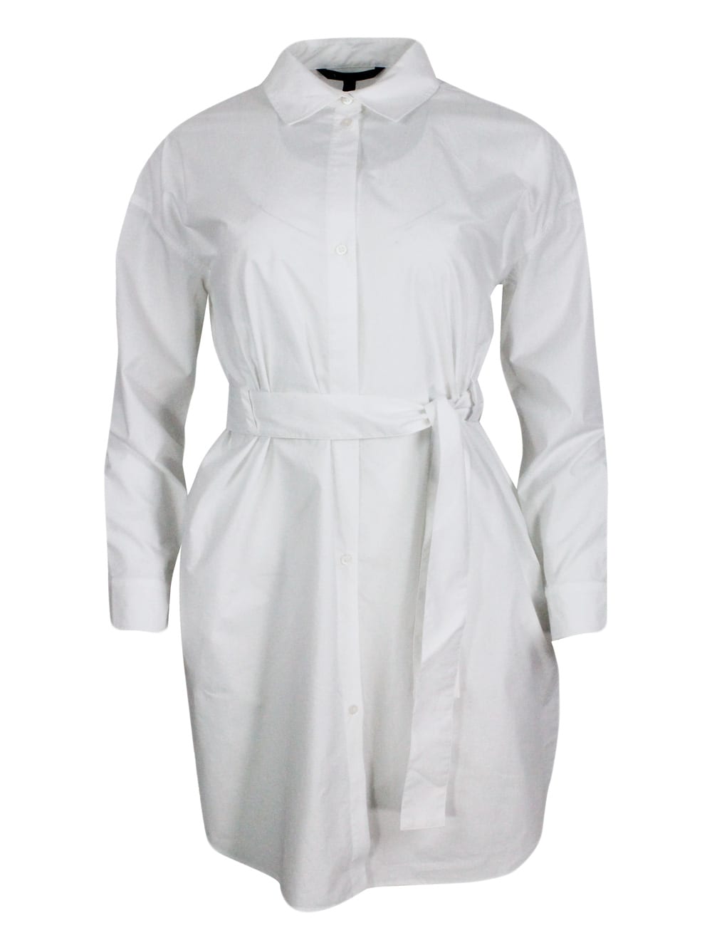 Dress Made Of Soft Cotton With Long Sleeves, With Button Closure On The Front And Belt.
