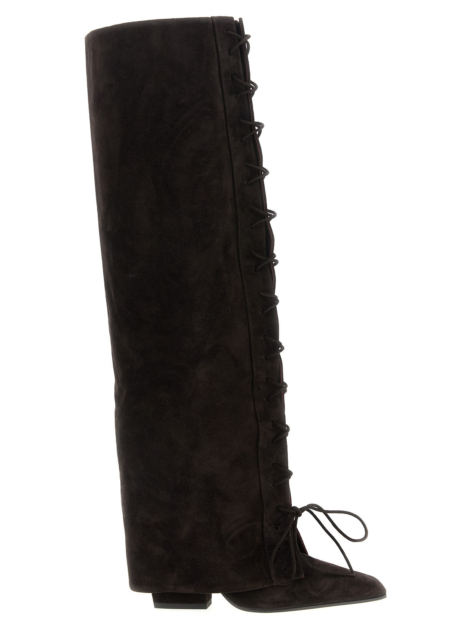 Paris Texas Fold-over Boots In Ebony Calf Suede. In Brown