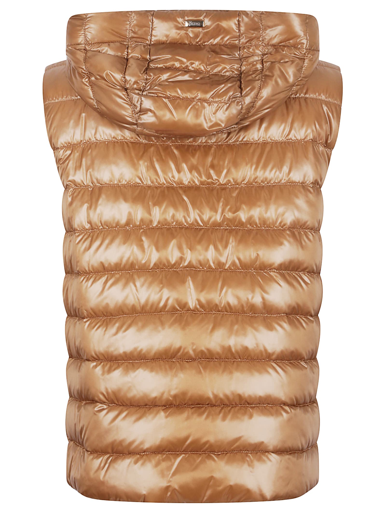 Herno Quilted Sleeveless Hooded Drawstring Jacket In Cammello
