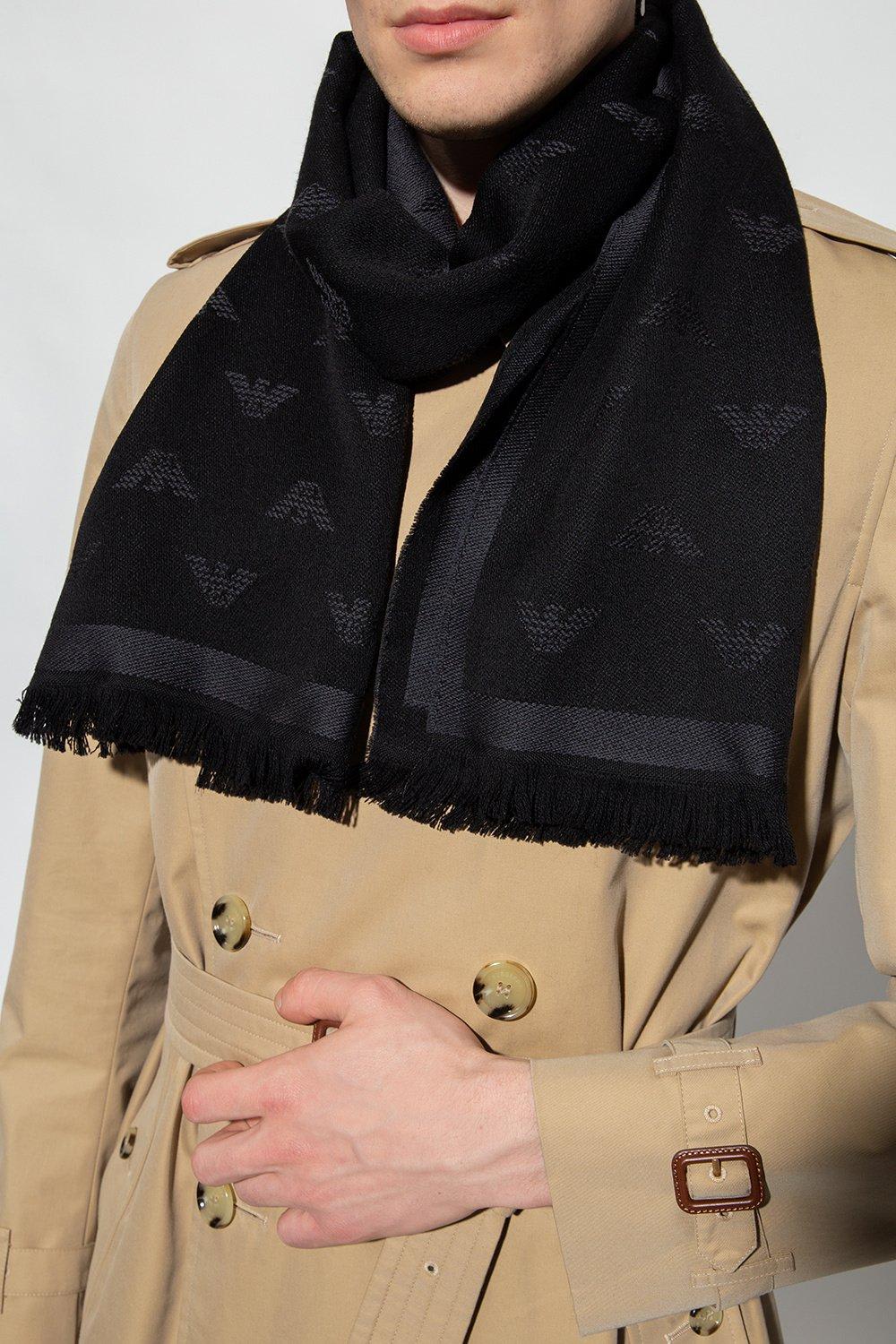 Emporio Armani Logo Embroidered Frayed Edge Knitted Scarf In Charcoal