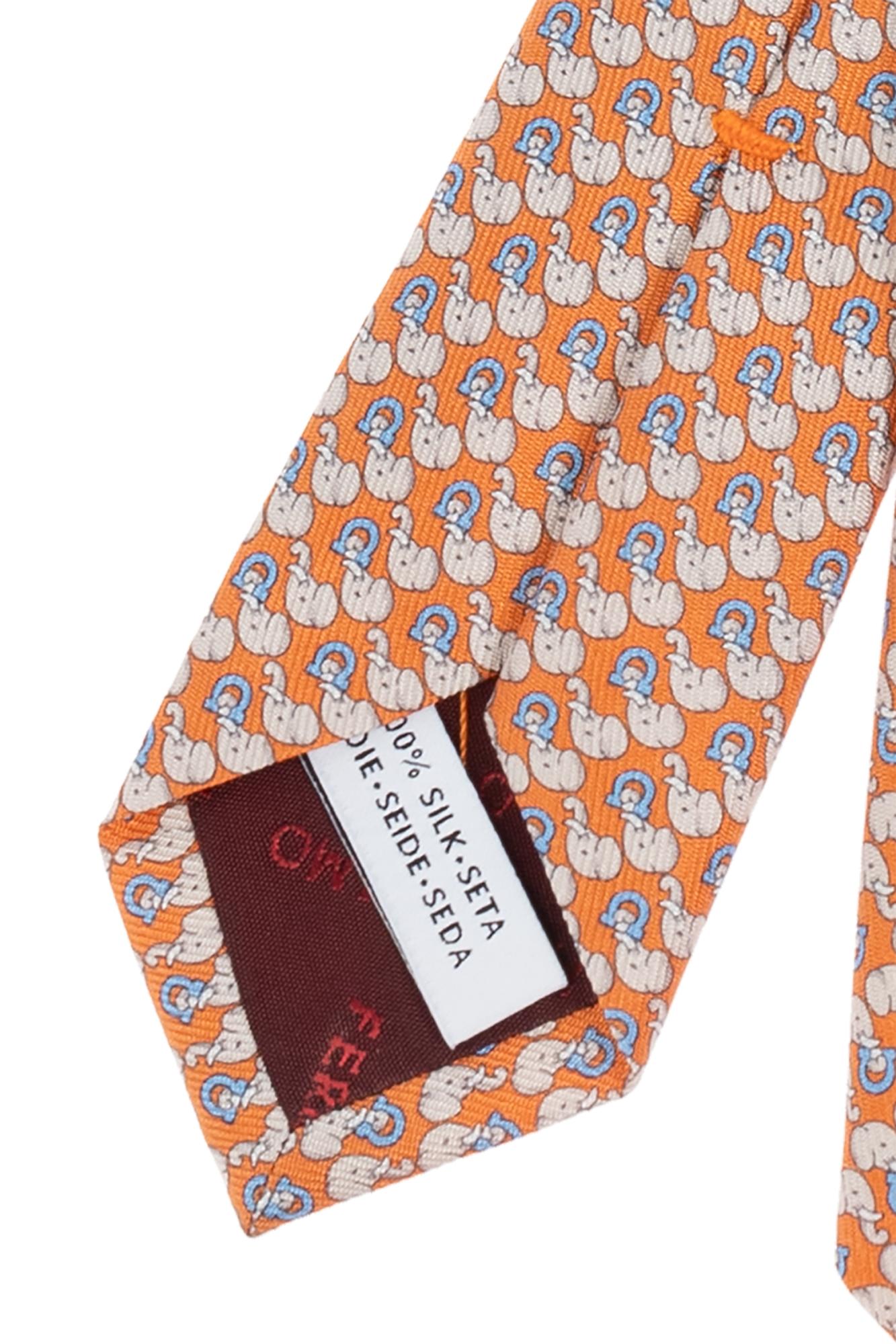 Ferragamo Elephant Print Silk Tie In Orange