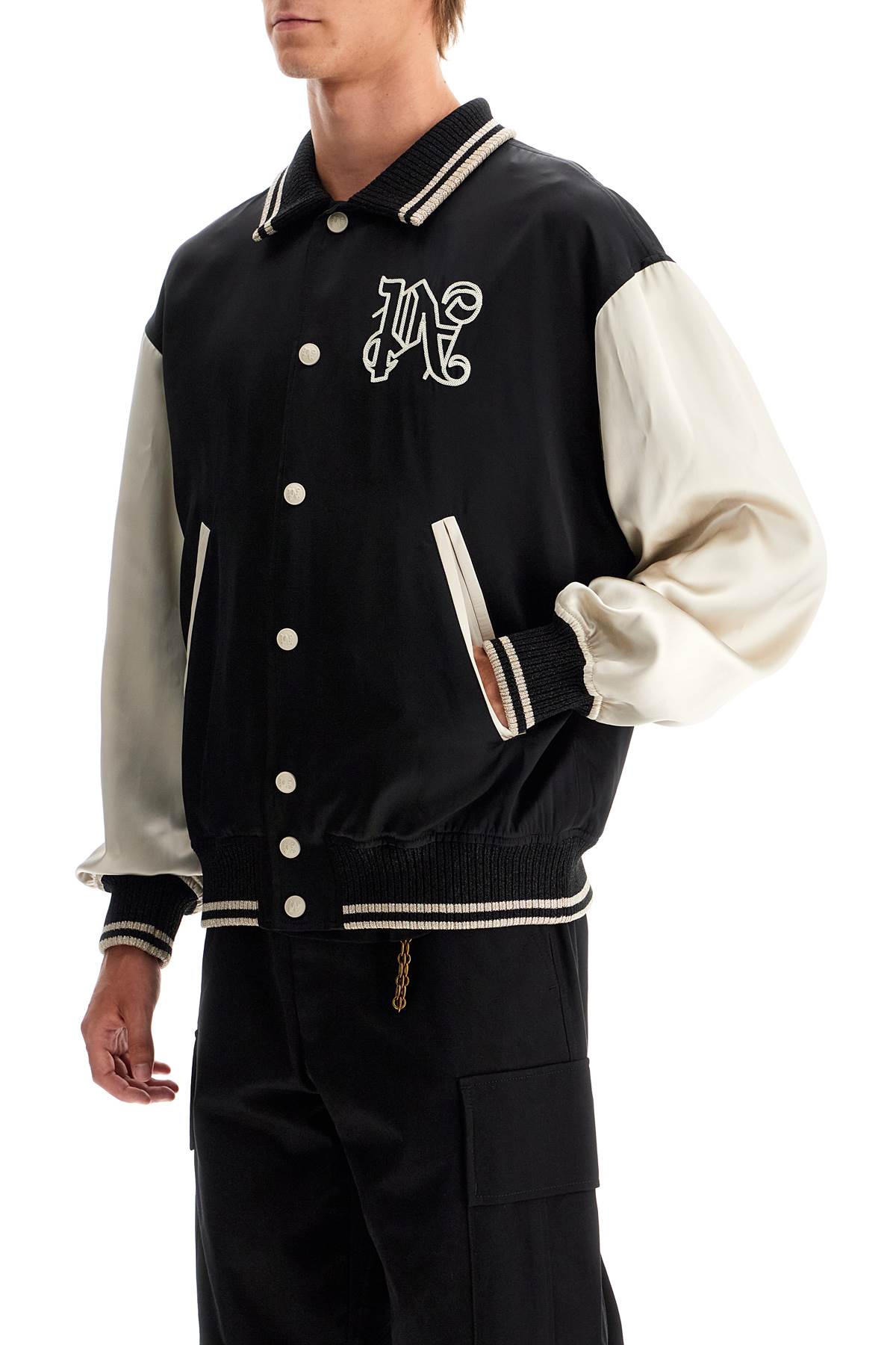 Palm Angels Satin Varsity Jacket For In Black Light Beige (black)