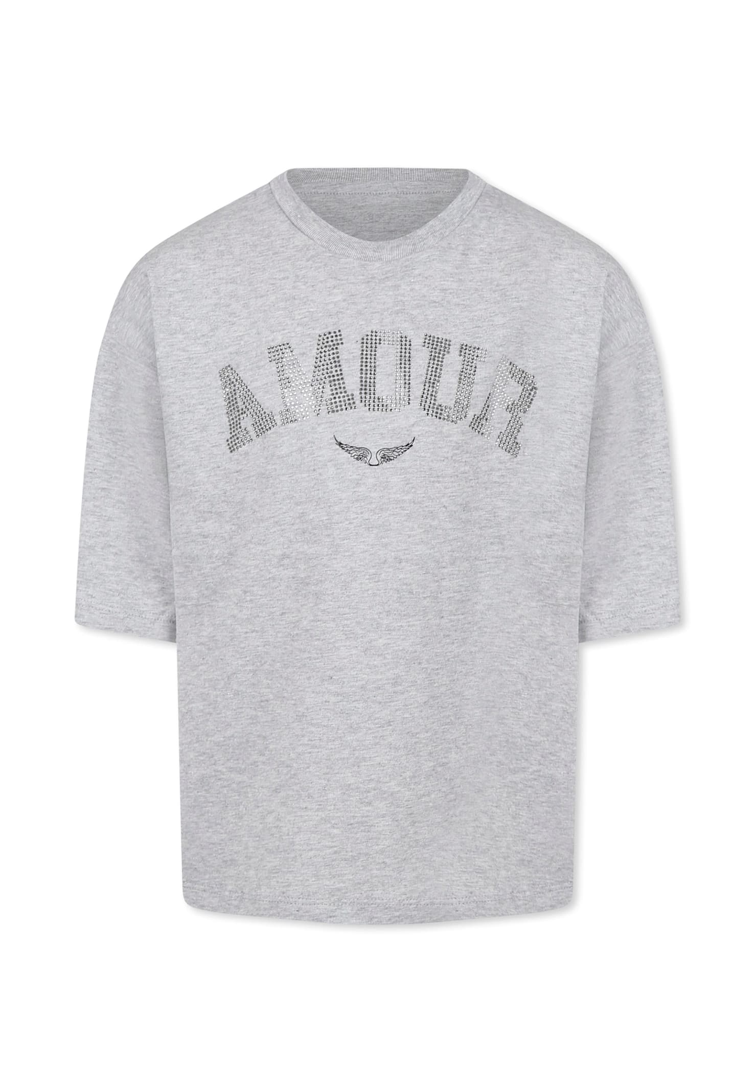 Zadig & Voltaire Gray T-shirt For Girl With Rhinestone Amour Lettering In Grey