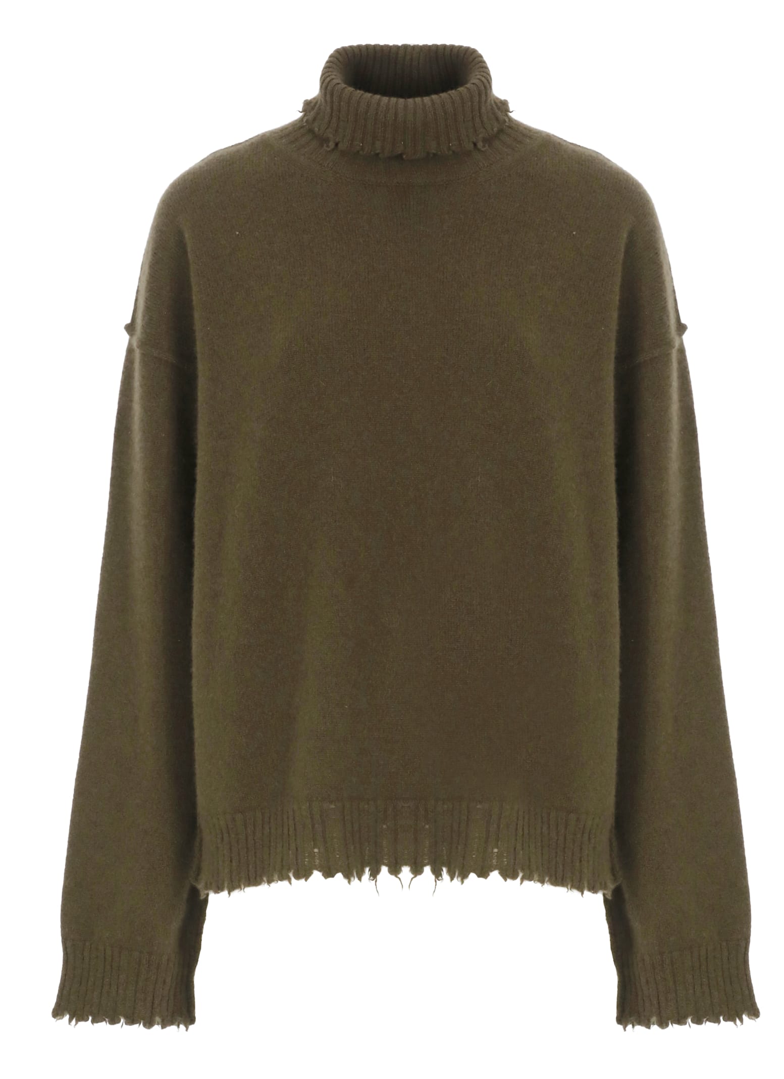 Uma Wang High Neck Cashmere Sweater With Distressed Hem In Green