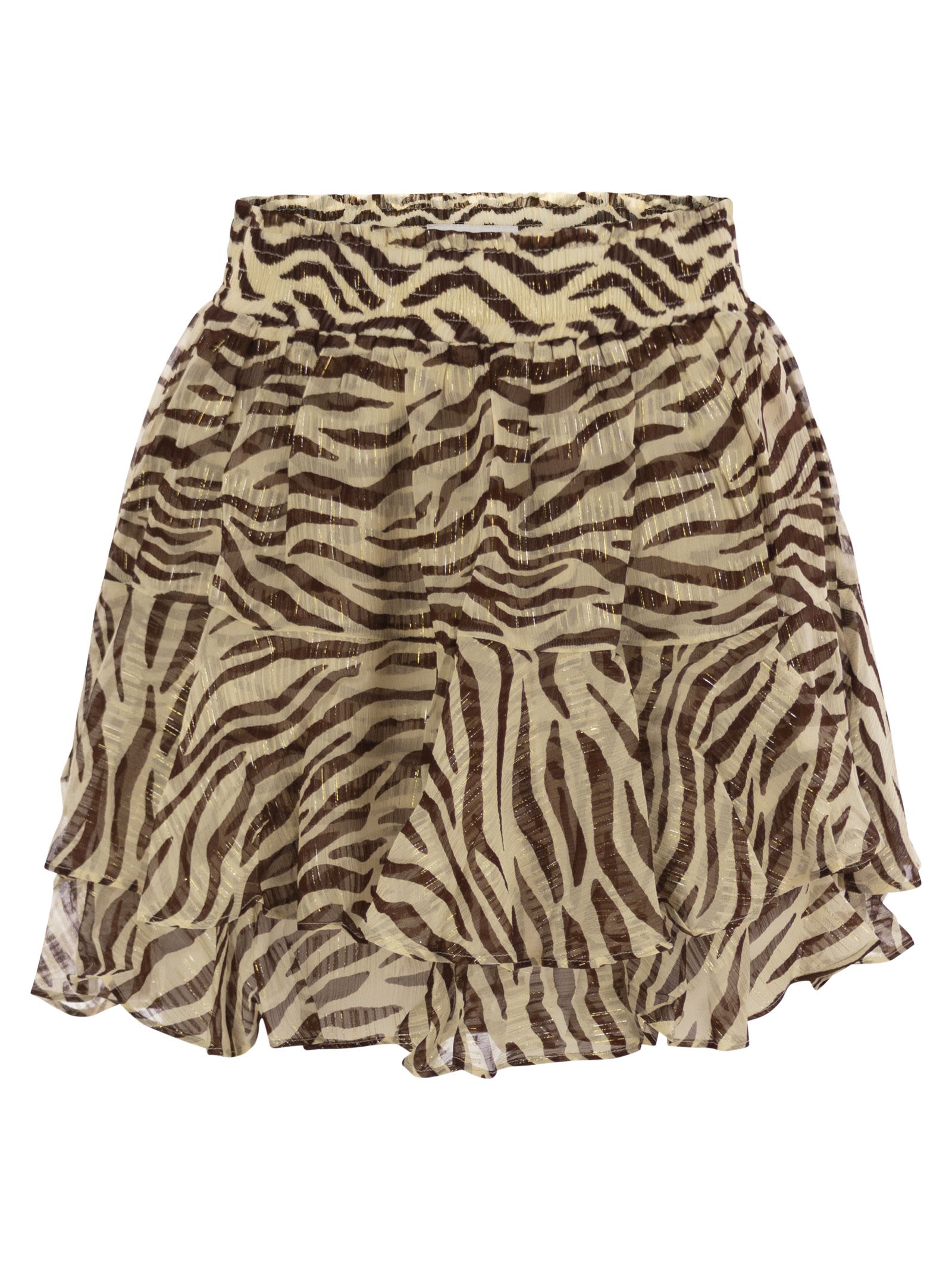 Mc2 Saint Barth Eivissa Ruffled Mini Skirt In Lurex Silk Voile With Animalier Print
