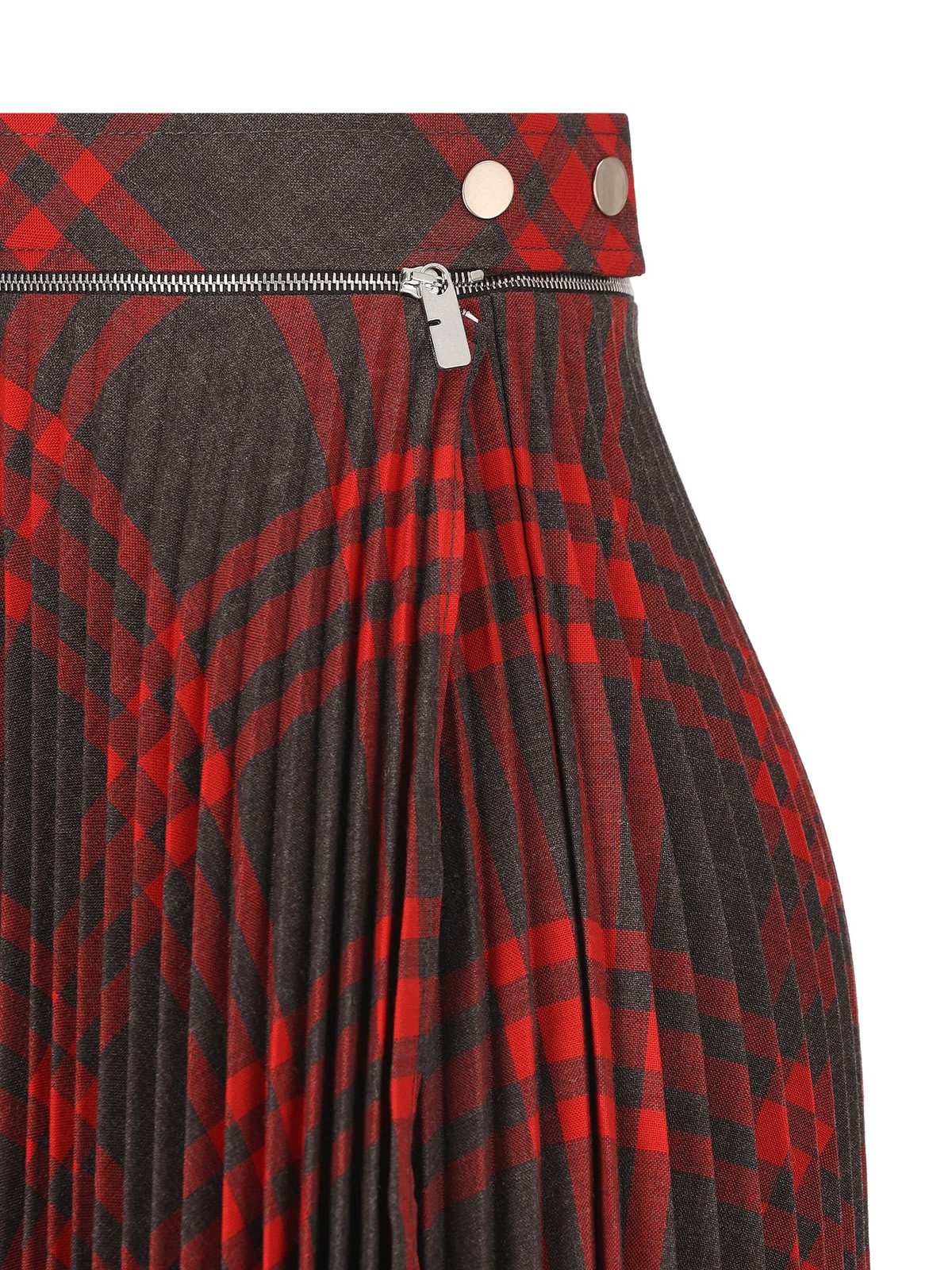 Shop Burberry Checked Pleated Zip-detailed Skirt In Grey/red