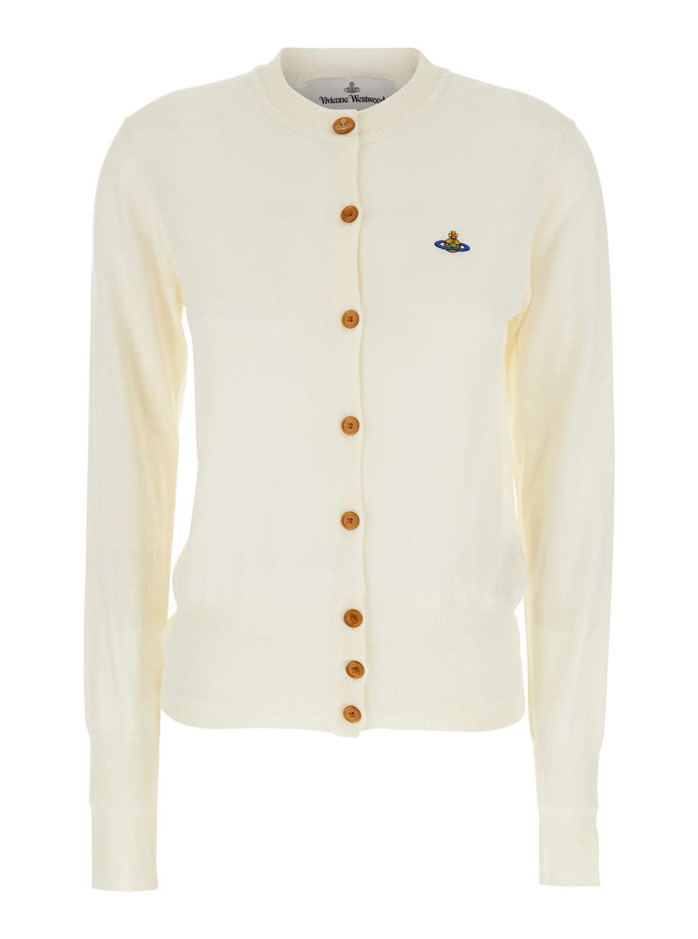 bea Beige Cardigan With Round Neck And Orb Logo Detail On The Front In Wool And Silk Blend Woman