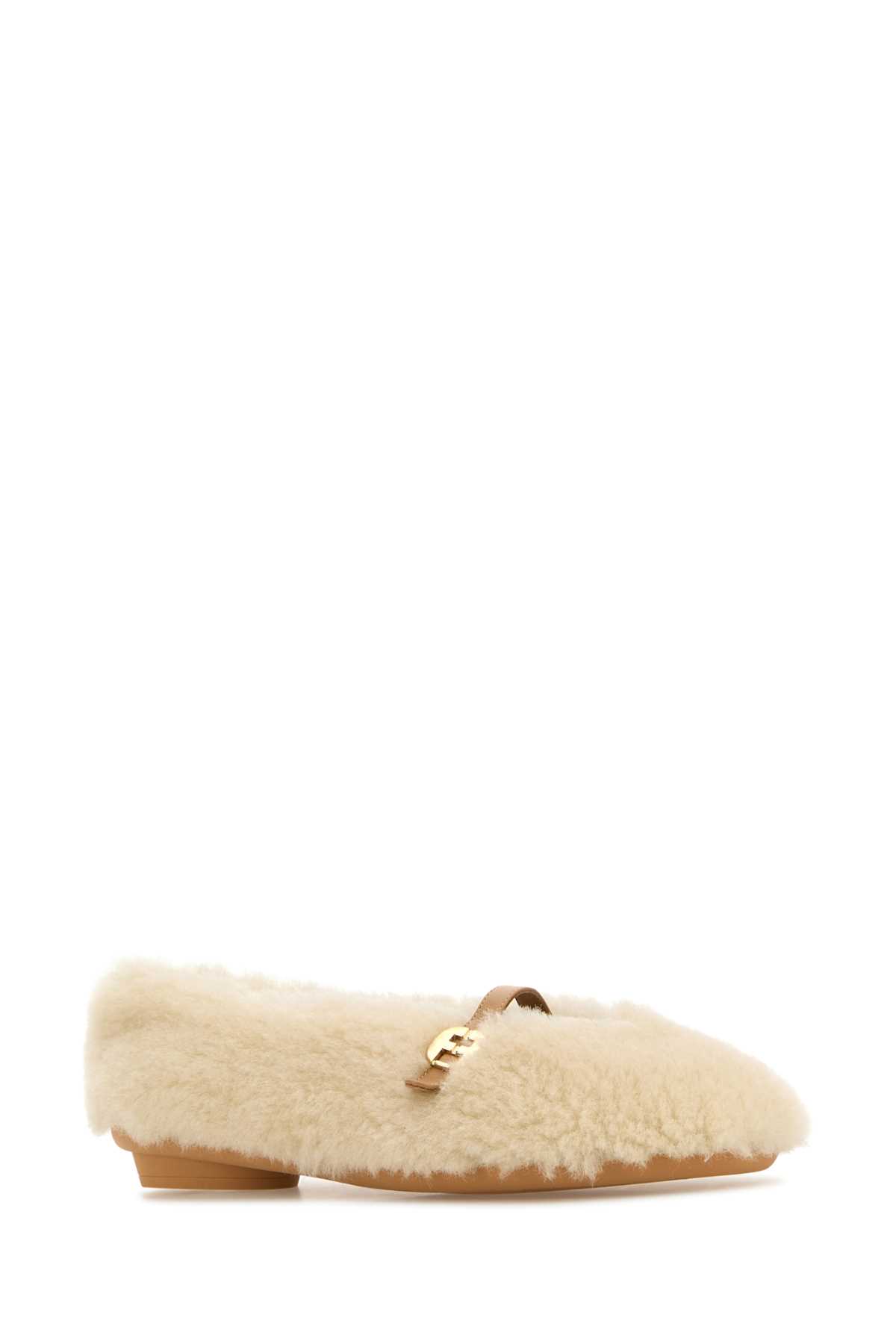 Ferragamo Shearling Hardware Round Toe Ballerinas In Mascarponelight