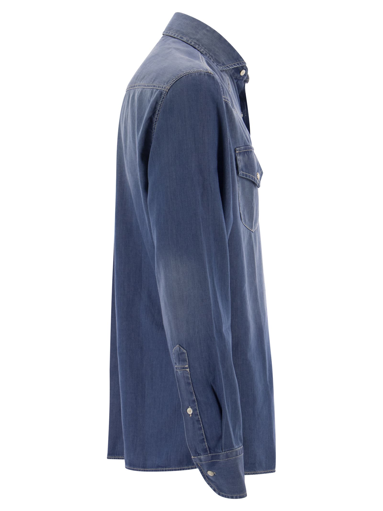 Shop Brunello Cucinelli Easy Fit Shirt In Light Denim With Press Studs In Dark Denim