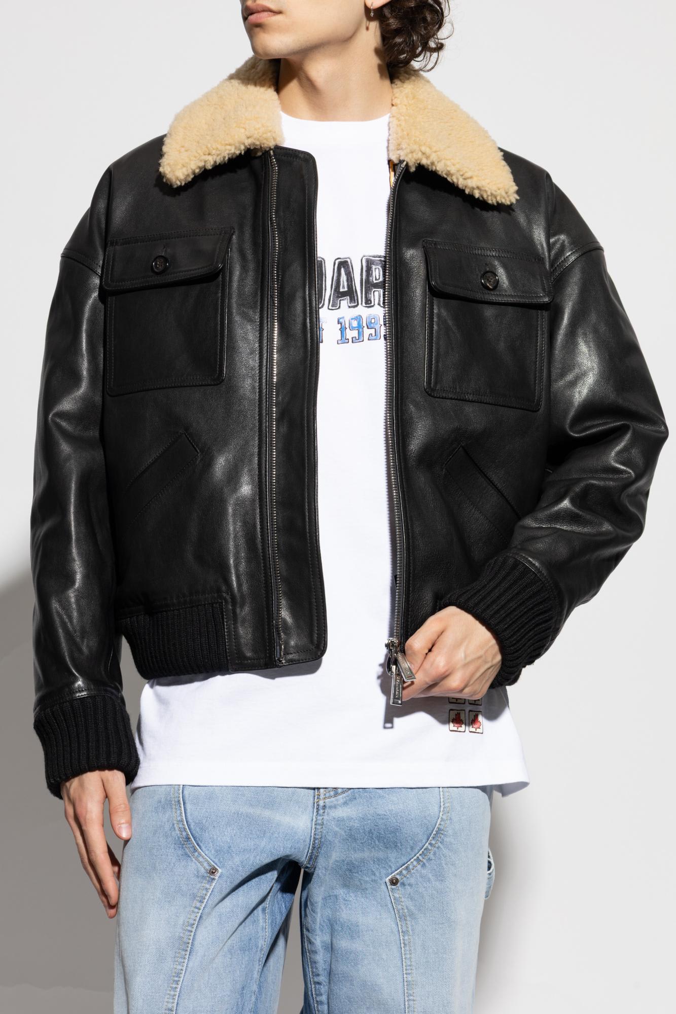 Dsquared2 Leather Bomber Jacket In Black