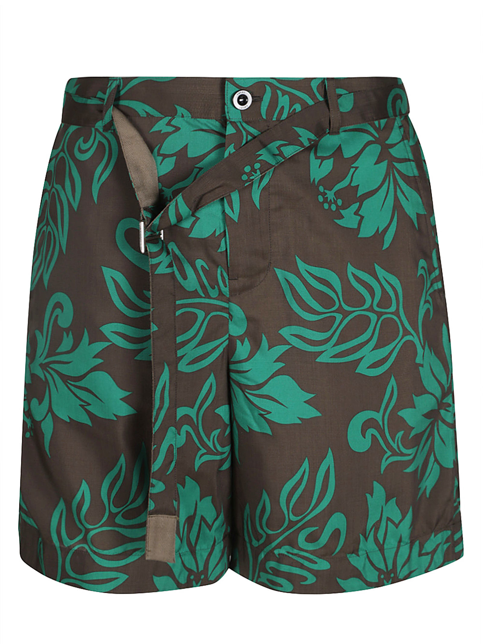 Shop Sacai Printed Belted Shorts In Green