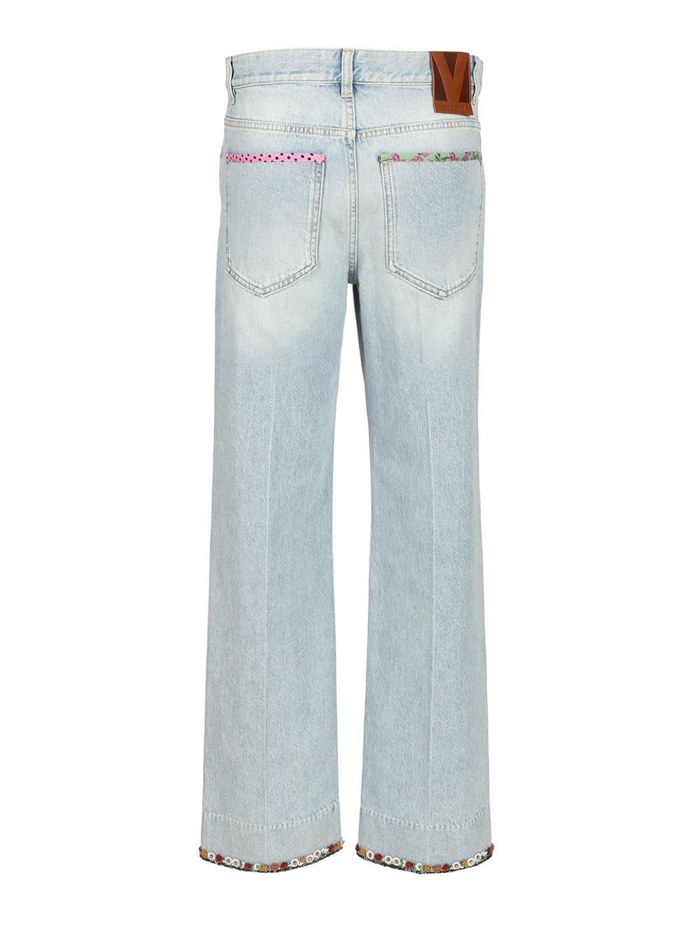 Valentino Denim Trousers With Embroidered Flower Trim In Blue