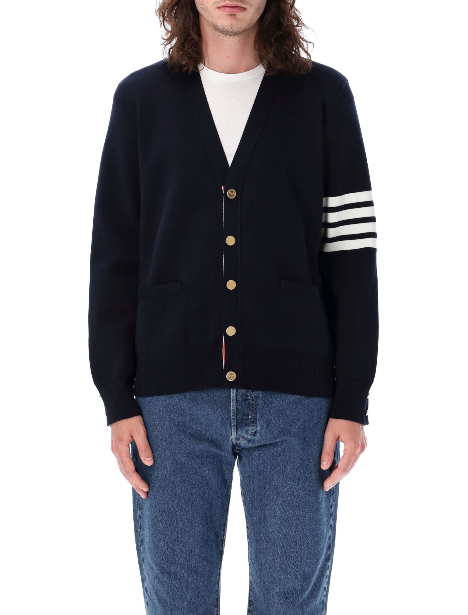 Shop Thom Browne Milano Stitch V Neck Cardigan In Cotton In Navy