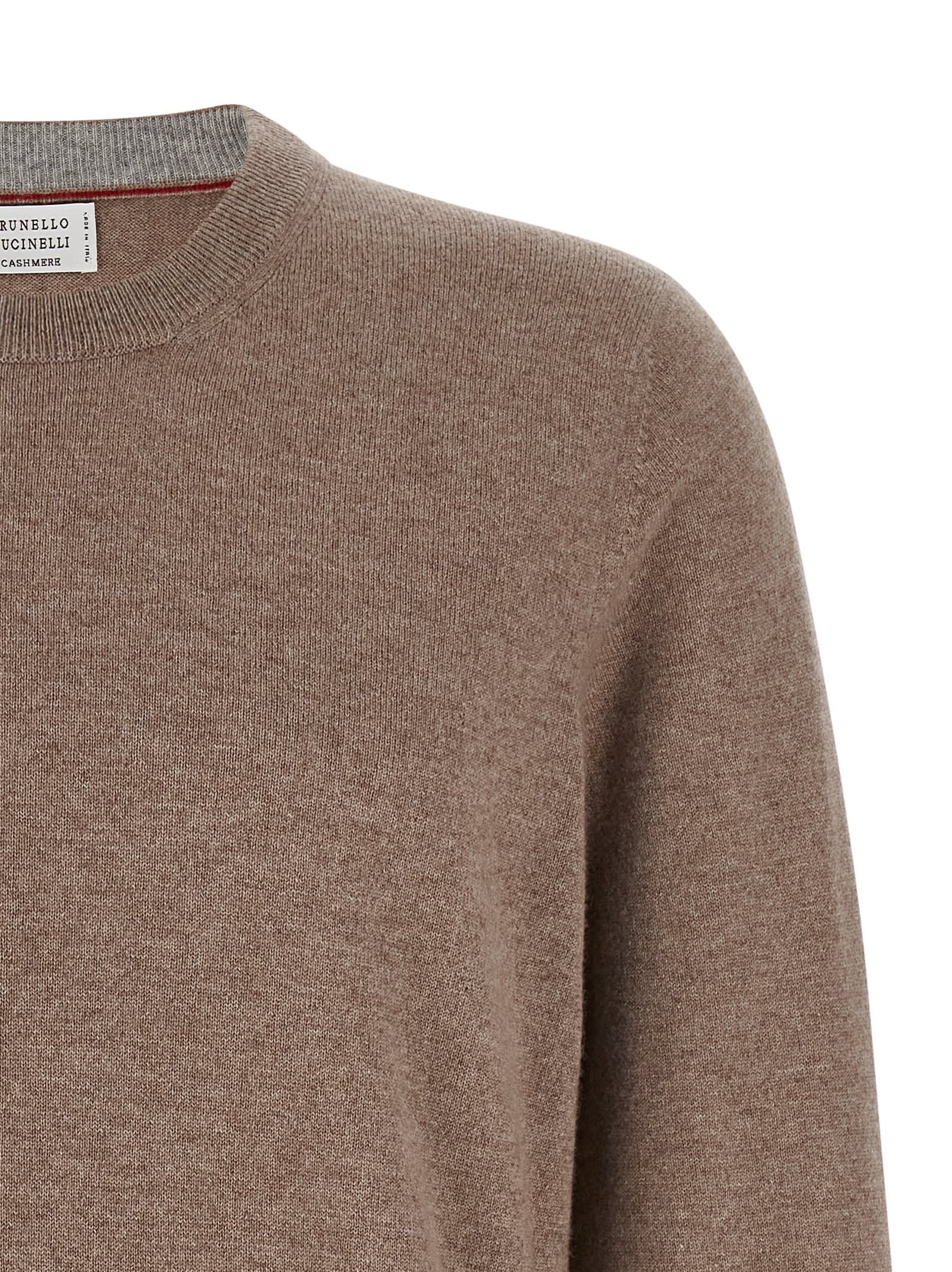 Brunello Cucinelli Cashmere Crew Neck Sweater With Ribbed Cuffs And Hem In Brown