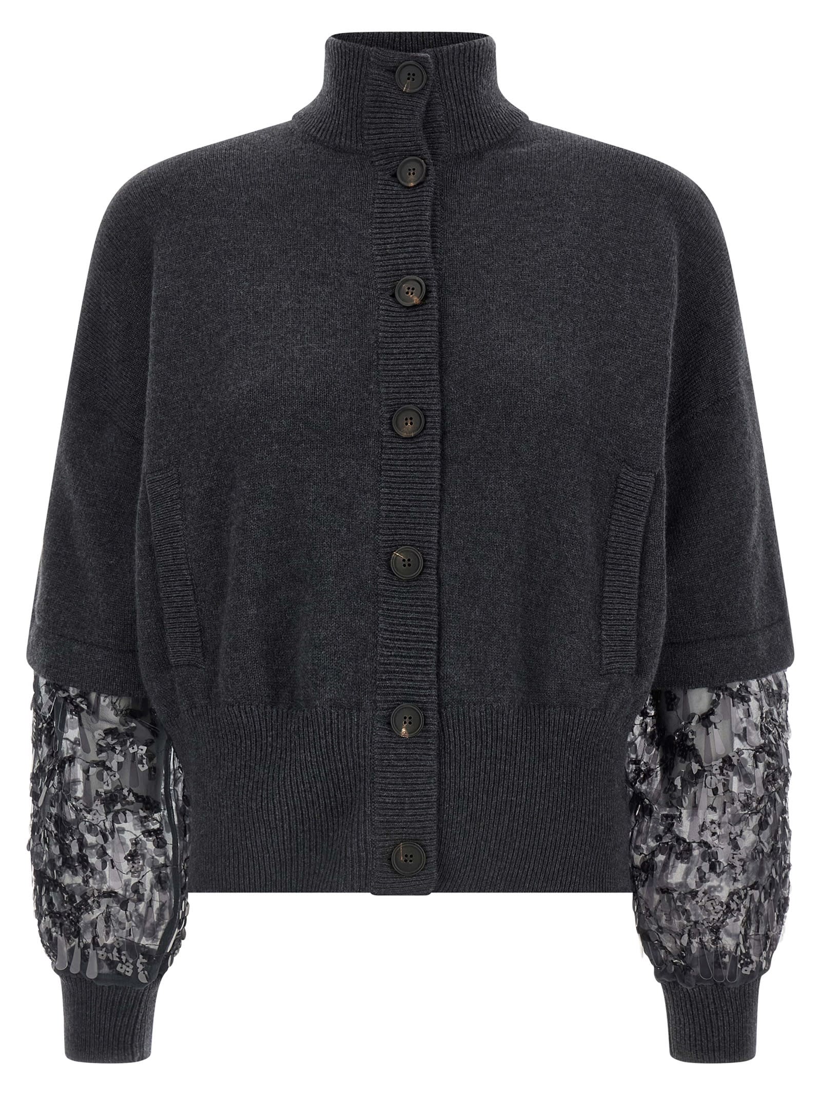 Brunello Cucinelli Sequin Sleeve Cardigan Sweaters And Cardigans Gray In Multi